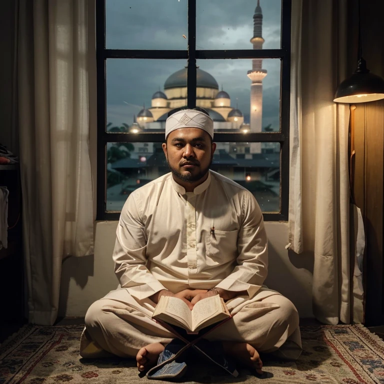 Tembakan jarak jauh, seorang pria usia 30 tahun,  wajah bulat, wajah bersih, gemuk, berat 100 kg, mengenakan baju muslim berwarna cream, di depan terdapat Alquran yang terbuka, duduk di atas permadani di bawah jendela, jendela dengan pemandangan masjid dari jauh di malam hari, dekat jendela, potret tengah, jendela kaca, bersandar di dinding, hilang, orang indonesia, fotografi profesional, estetika, jendela terbuka, tatapan datar ke arah kamera
