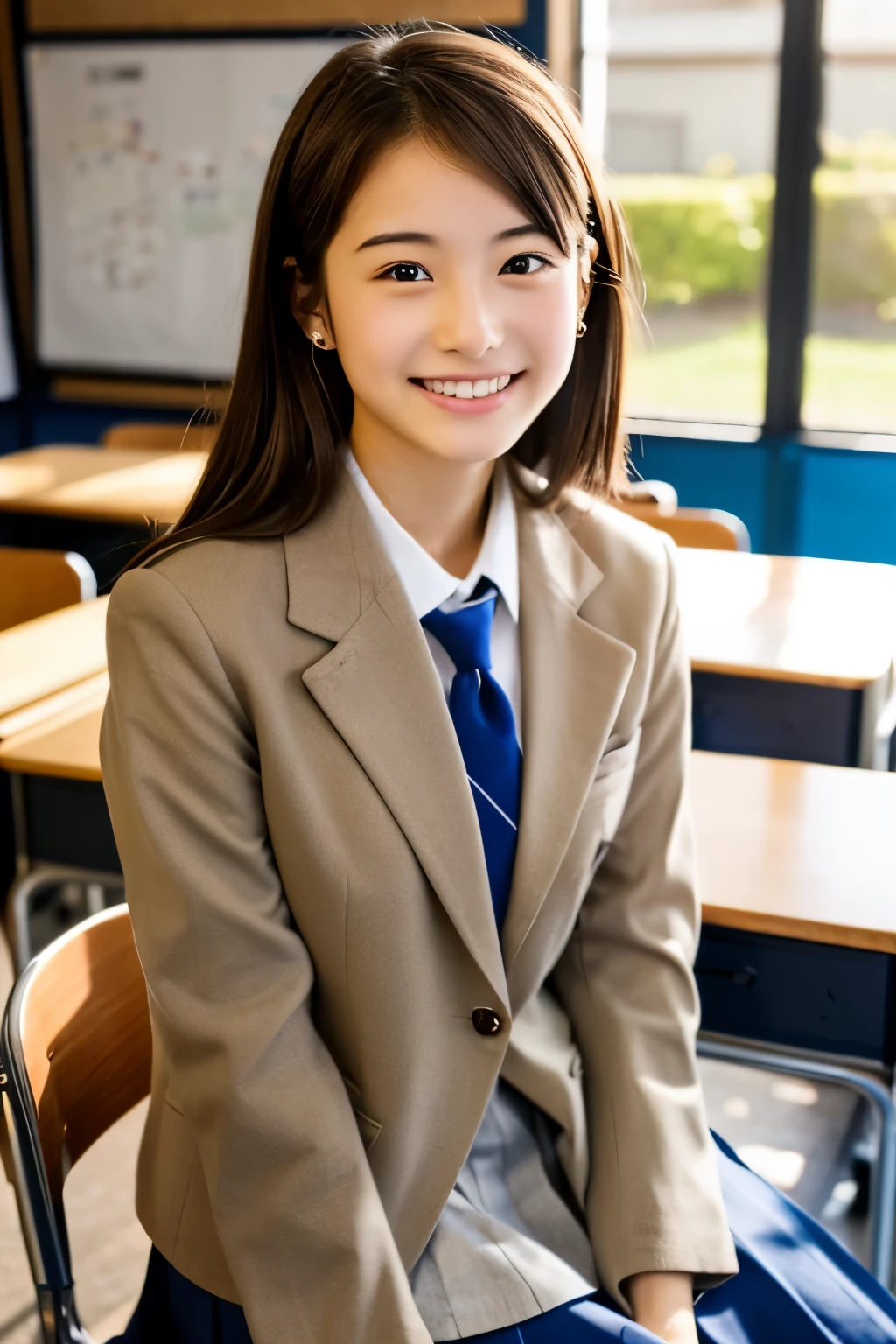 masterpiece, High resolution, Portraiture, highest quality, High resolution,
Realistic, alone, school blazer uniform,  School classroom during the day,Smiling and showing beautiful teeth,(Braid),No exposure、A slightly swollen chest that is still growing、Very young face、Small woman