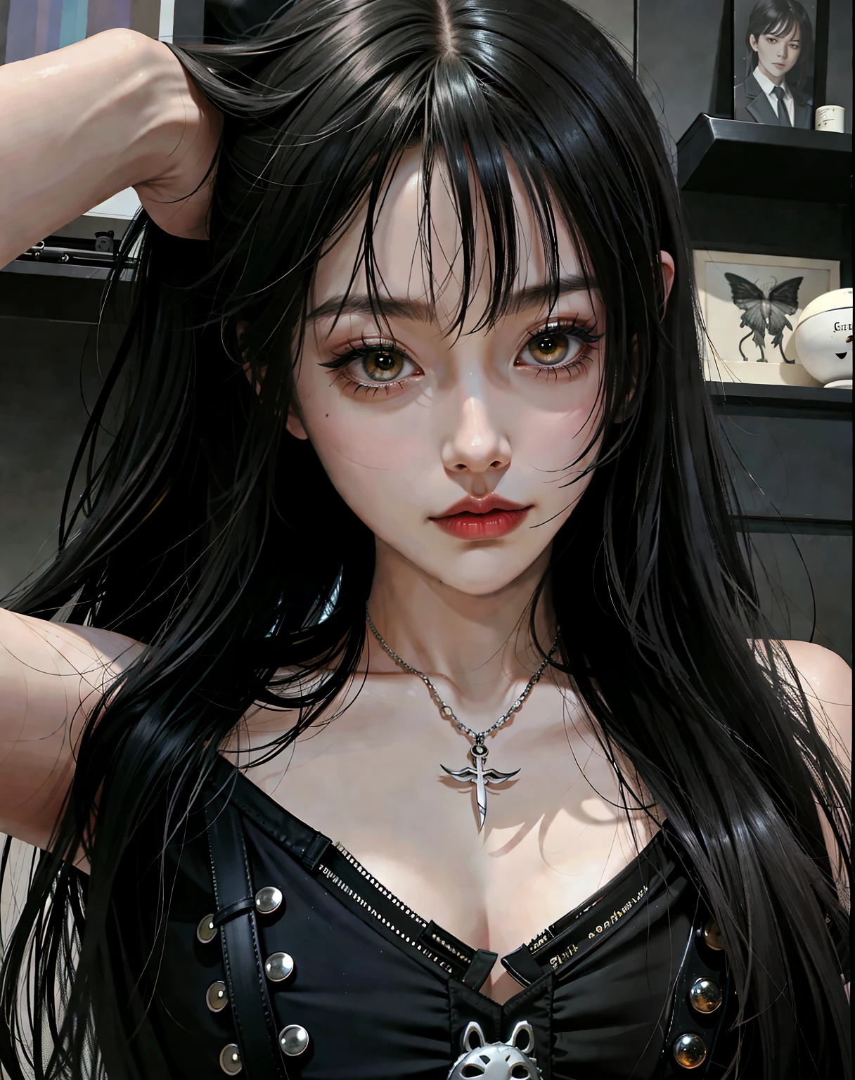 hay una mujer con cabello largo y negro que lleva un top negro, con pelo largo y ojos penetrantes, cruel korean gothic girl, ig model | germen de arte, retrato seductor de tifa lockhart, chica anime en la vida real, chica anime seductora, diosa japonesa, 1 7  anime gothic girl, obra de arte al estilo de guweiz