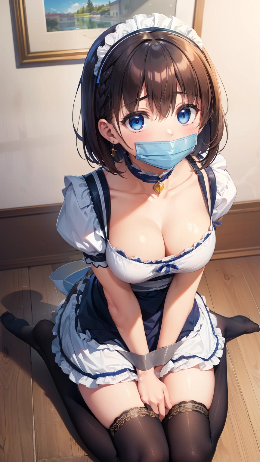 1girl, natural lighting, masterpiece, highly detailed, illustration, game CG, absurdres, high quality, aichan, large breasts, blue eyes, beautiful detailed eyes, short brown hair, side braid, (tape gag, tape bound, arms bound, legs bound), eyes wide, shocked, surprised, maid, collarbone, short puffy sleeves, thigh highs, small maid apron, (kneeling), looking up at viewer, view from above, cleavage