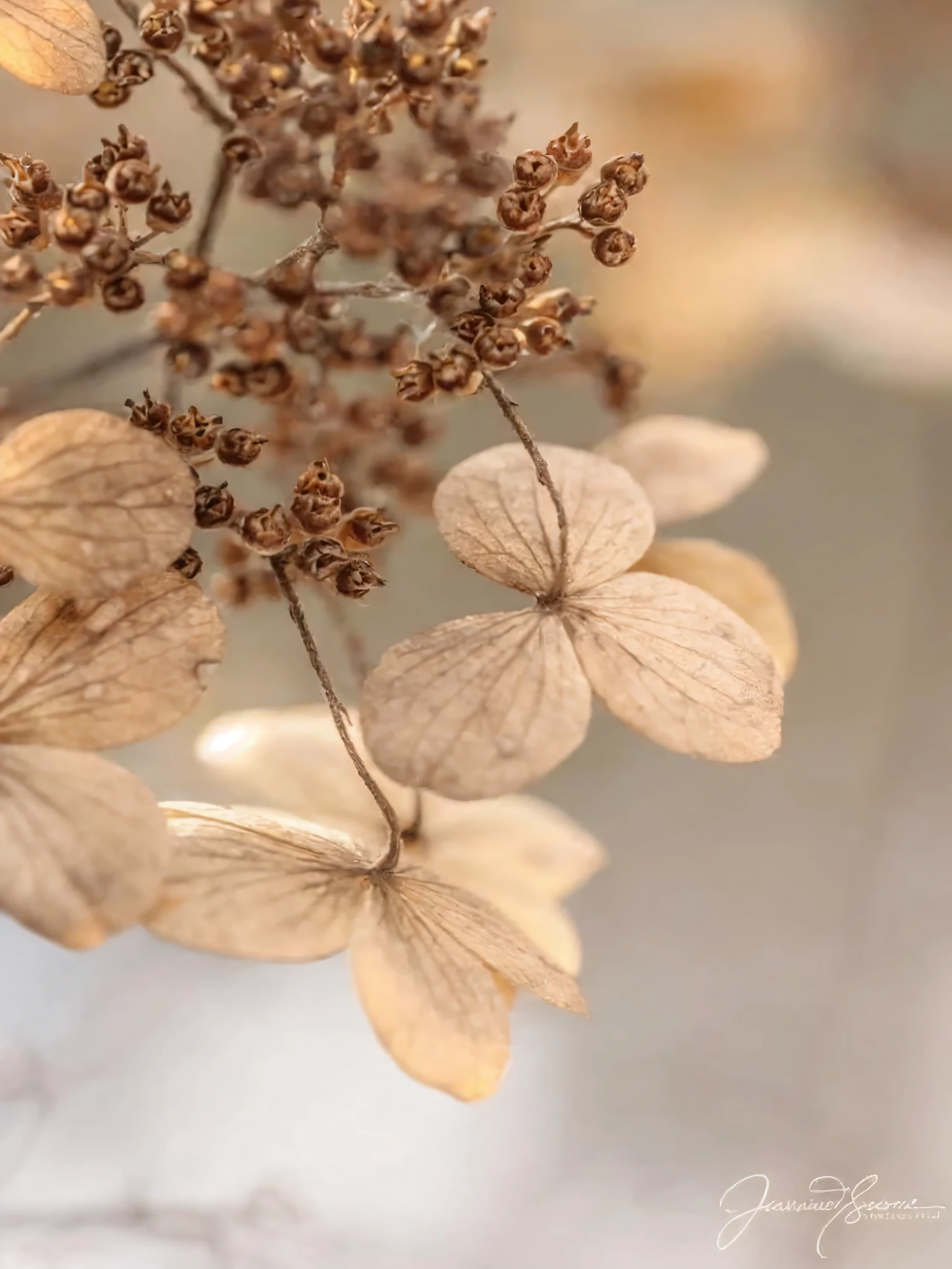 There is a close-up of a plant with many flowers, dried flower, dried flowers, dried plants, Ethereal details, Atmospheric and beautiful details, Soft and complex, brown flower, Soft tan tones, Gold Flower, dry leaves, flowers with intricate details, Intricate details and textures, wilted flower, Complex composition, dry petals, Natural pastel tones
