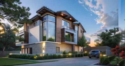 (masterpiece),(high quality), best quality, real,(realistic), super detailed, (full detail),(4k),8k,modern house exterior design,Modern architecture,Beautiful_sky,Day light, no_humans, outdoors,sky,tree,Garden flower front of building,