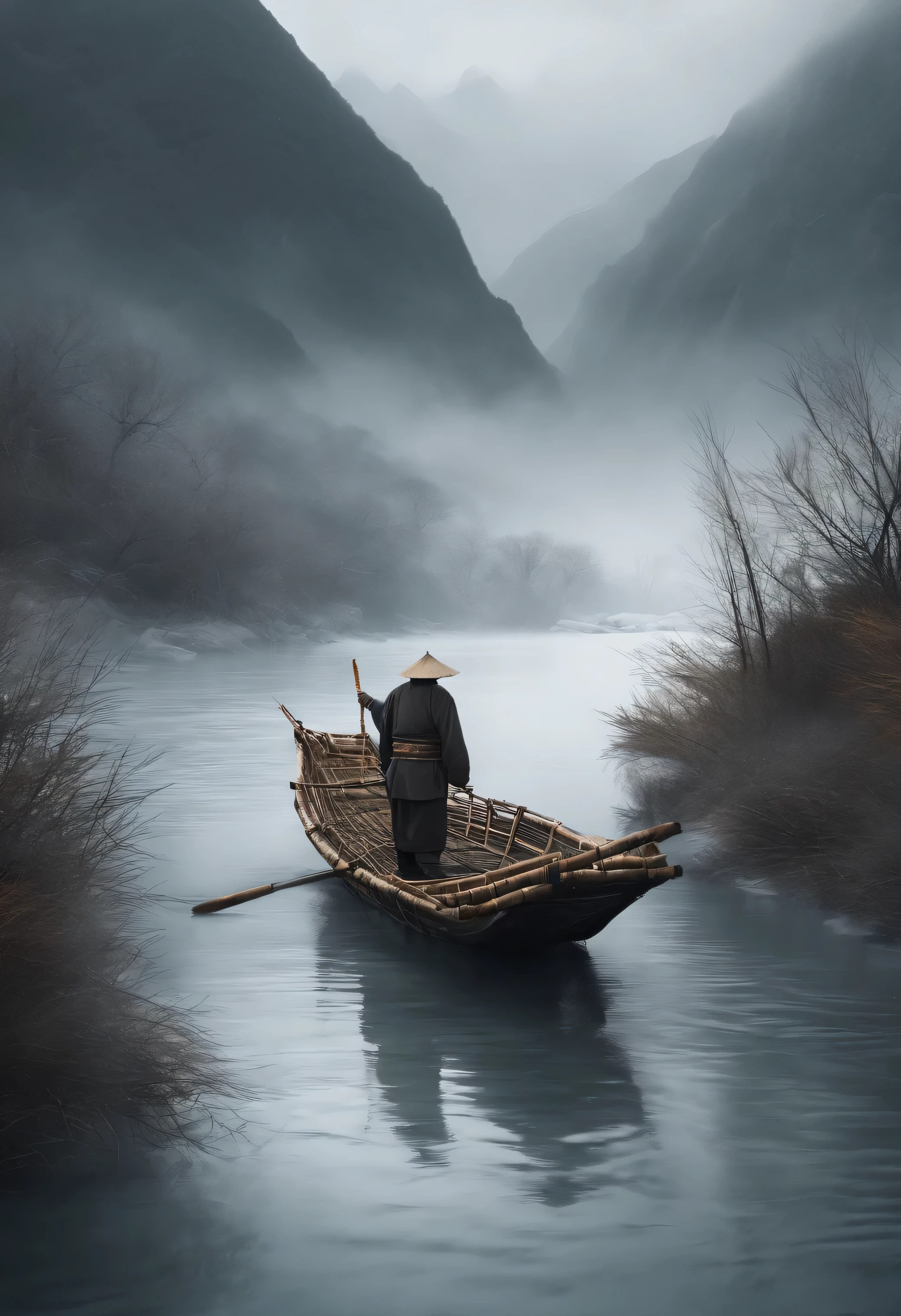 Desolate and uninhabited thousands of mountains, extinct bamboo rafts in the foreground, old men fishing on ice and snow, extremely cold and cloudy days, top quality, ultra high resolution, 4K detailed ink flowers, Chinese painting style