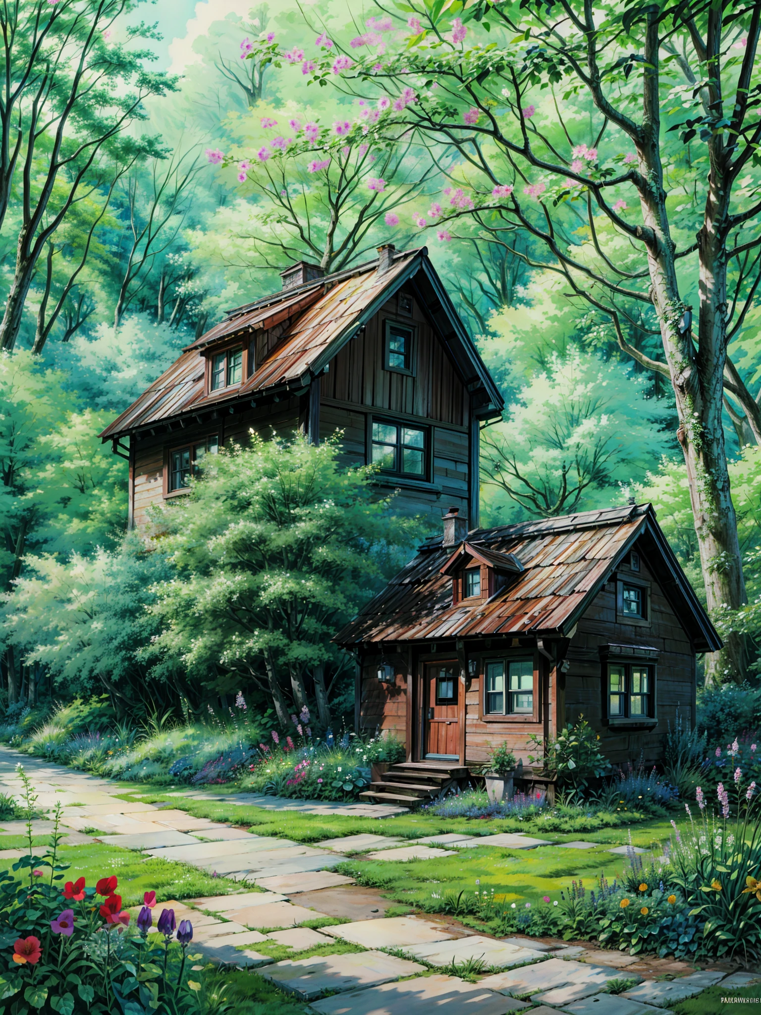 Painting of a small house surrounded by trees and flowers, flowery cottage, hidden tiny houses, hippie pad, wooden cottage, idyllic cottage, little cottage, sunlight and whimsical houses, neo - gypsy caravan, beautiful house on a forest path, the small house in the forest, solitary cottage in the woods, cottage in the woods, cottage in the forest, in a garden of a house, 4k hd,, beautiful art uhd 4 k, a beautiful artwork illustration, beautiful digital painting, highly detailed digital painting, beautiful digital artwork, detailed painting 4 k, very detailed digital painting, rich picturesque colors, gorgeous digital painting