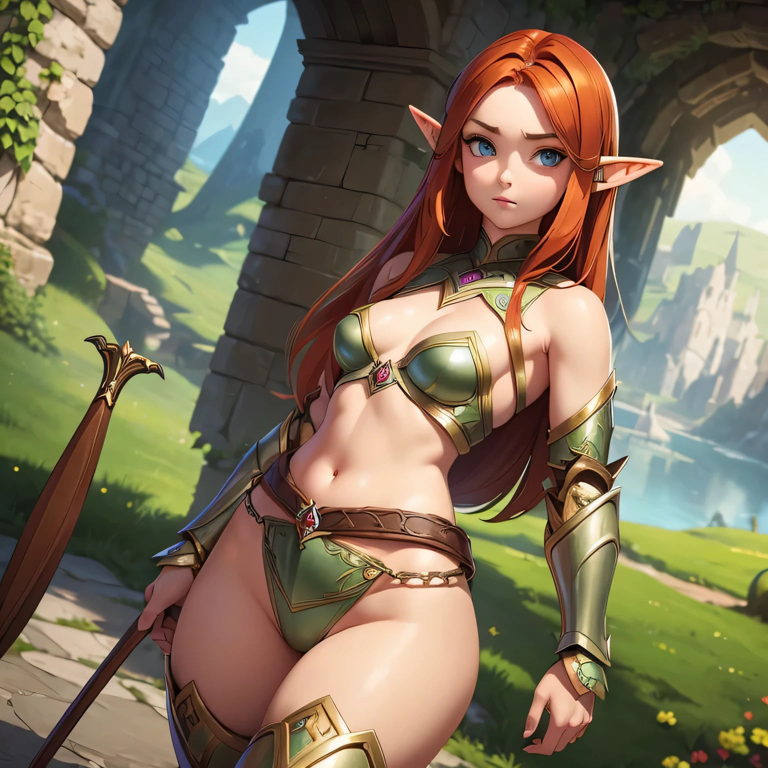 ((Masterpiece)) ((Perfect Face)) ((Beautiful)) ((Small Breasts)) ((Narrow Waist)) ((Wide Hips)) ((Elf Woman)) ((Fantasy Armor)) ((Auburn Hair))
