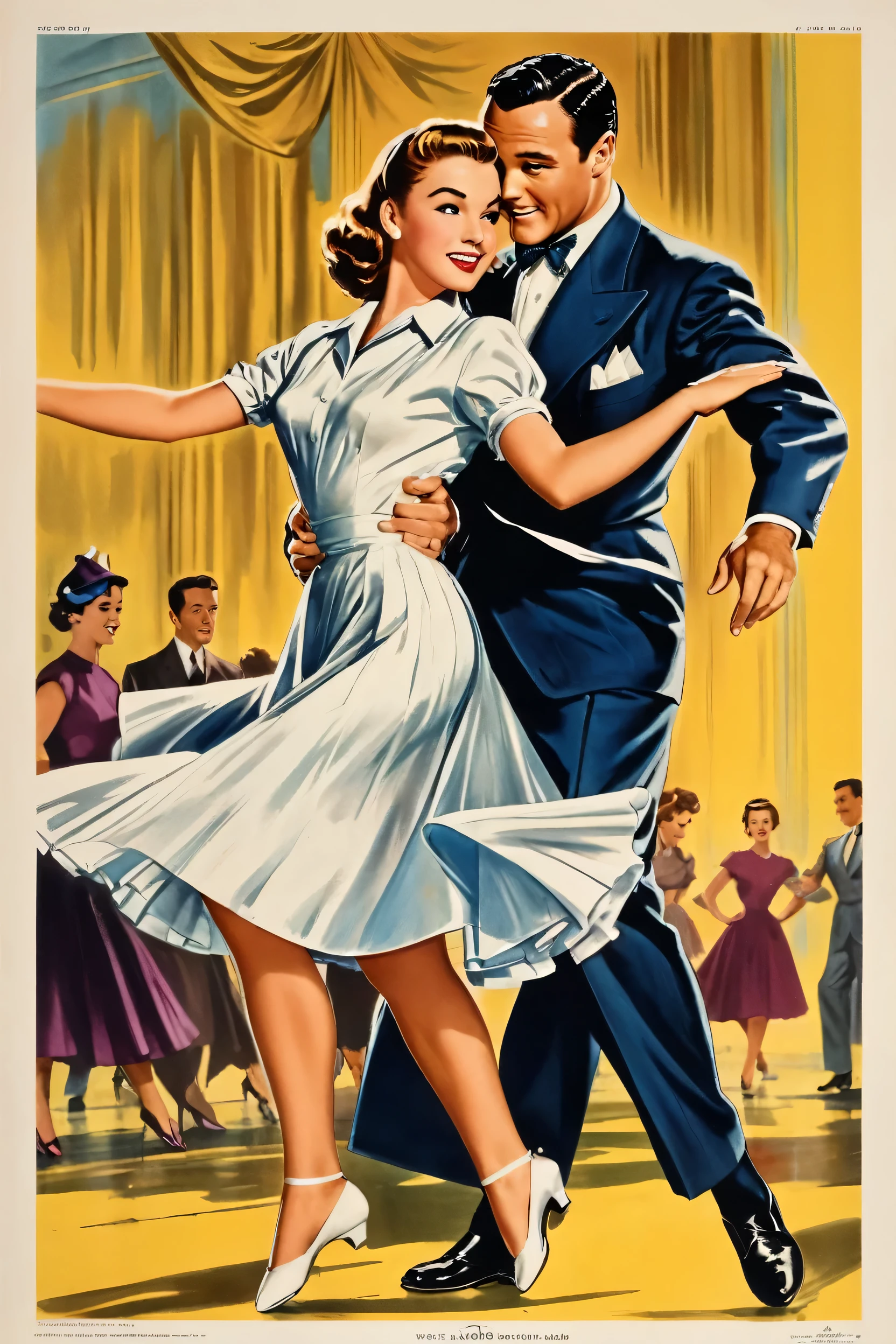 Gene Kelly is dancing with a knee length wearing a girl in 1950s style. Image should look like a vintage movie poster 