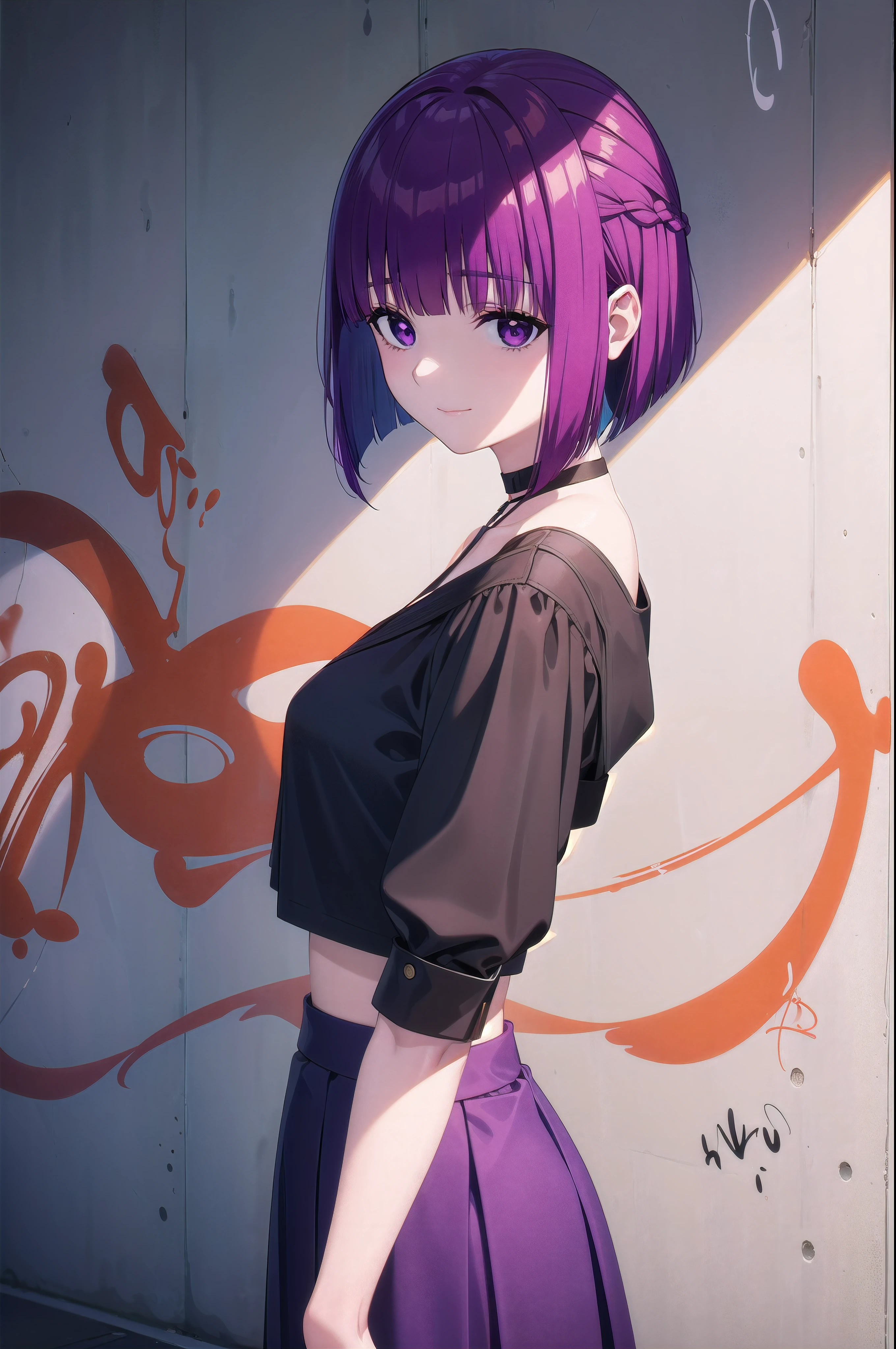 masterpiece, best quality, 1girl, solo, stylish crop top, smile, vibrant short purple hair, (sliced_bob), bobhair, short-hair, short bob hair, (((bobcut))), bob haircut, very short bob, lip length hair, blunt ends, pixie bob, buzzed nape ((haircut:1.3)), undercut, bobbed hair, minibob, sidecut, sidecut, shaved, purple eyes, graduation bob, straight short hair, short hair above the ears, Shot diagonally from the side, elegant braid, soft bangs, upper body, alluring choker, (graffiti:1.5), artistic paint splatter, seductive arms behind back, leaning against wall, exposed back, fashionable armband, urban hiphop style, flirty skirt, playful head tilt, intense expression, warm orange, dynamic asymmetrical design, bold geometric shapes, creative street art