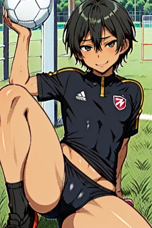 (((official art,Ultra-fine illustration,High resolution,  最high quality,最high quality,)))high quality, become familiar with, ( boy),12 yeaung ace striker male idol with a super cute face,A boy as beautiful as Planding, long legs, thighs, feet, (There is no swelling in the chest), (black hair、short hair)、(tight soccer uniform bodysuit), (tight and shiny spats), (soccer socks), lawn area, (厚いthighs)、(((soccer field in the park)))、((Saucy、))、grin and laugh、feetを広げて,Ultra-fine painting, ,service shot、bulge in crotch、(((Soccer ball in the crotch))),(((Vulgarity))),((blonde short hair、black skin:1.2)),