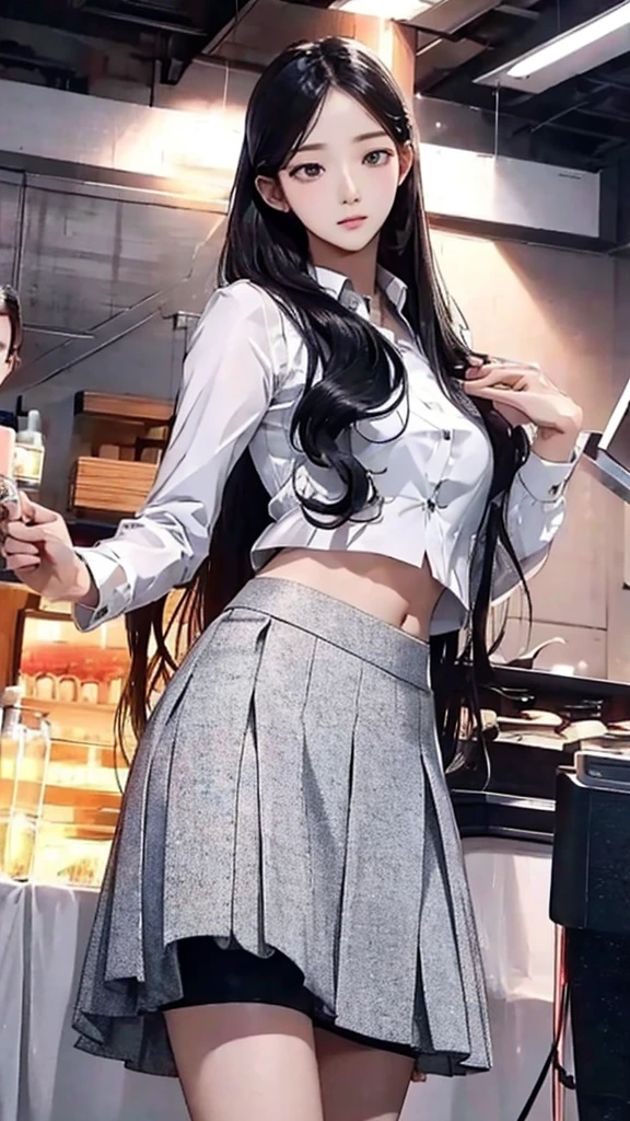 masterpiece, best quality,(realistic:1.4), long hair, hairstyle with waves,sexy, realistic 피부질감, realistic 피부, slim, NSFW,Clear face, perfect face, suit,mini flare skirt, mini skirt