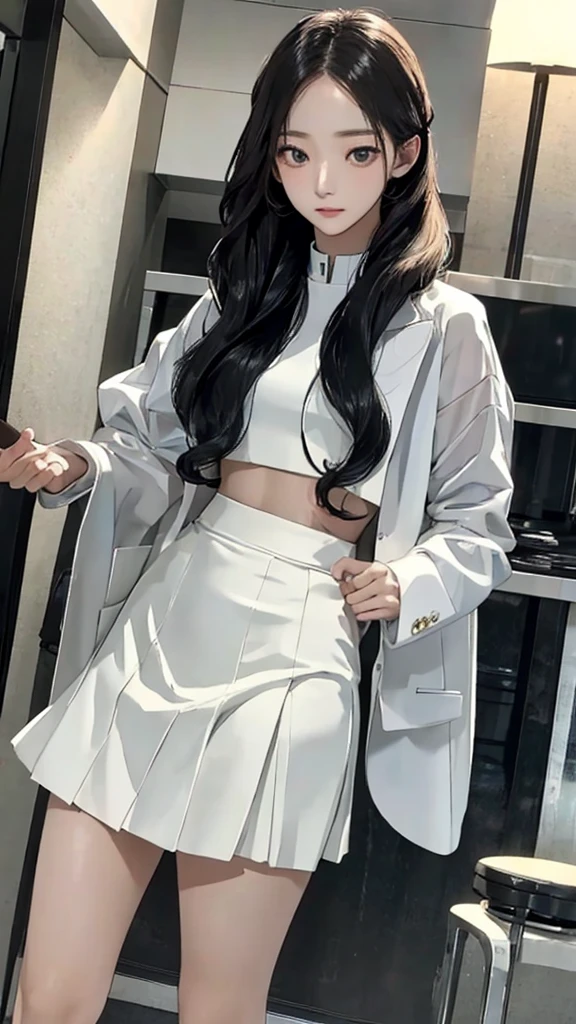 masterpiece, best quality,(realistic:1.4), long hair, hairstyle with waves,sexy, realistic 피부질감, realistic 피부, slim, NSFW,Clear face, perfect face, suit,mini flare skirt, mini skirt