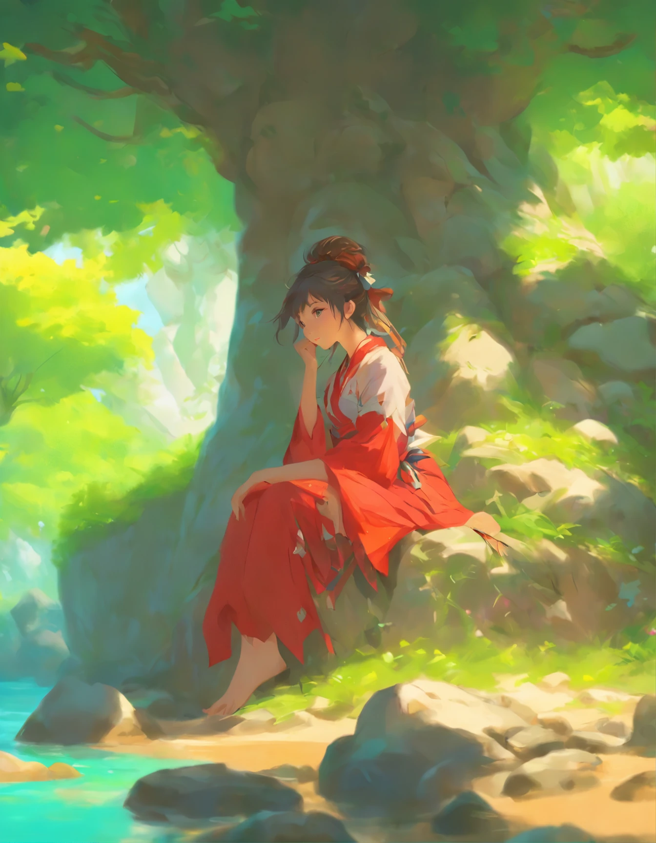 a painting of a woman sitting on a rock under a tree, an ultrafine detailed painting by Zou Zhe, pixiv, fantasy art, beautiful depiction, beautiful illustration, krenz cushart and wenjun lin, guweiz on pixiv artstation, rob rey and kentarõ miura