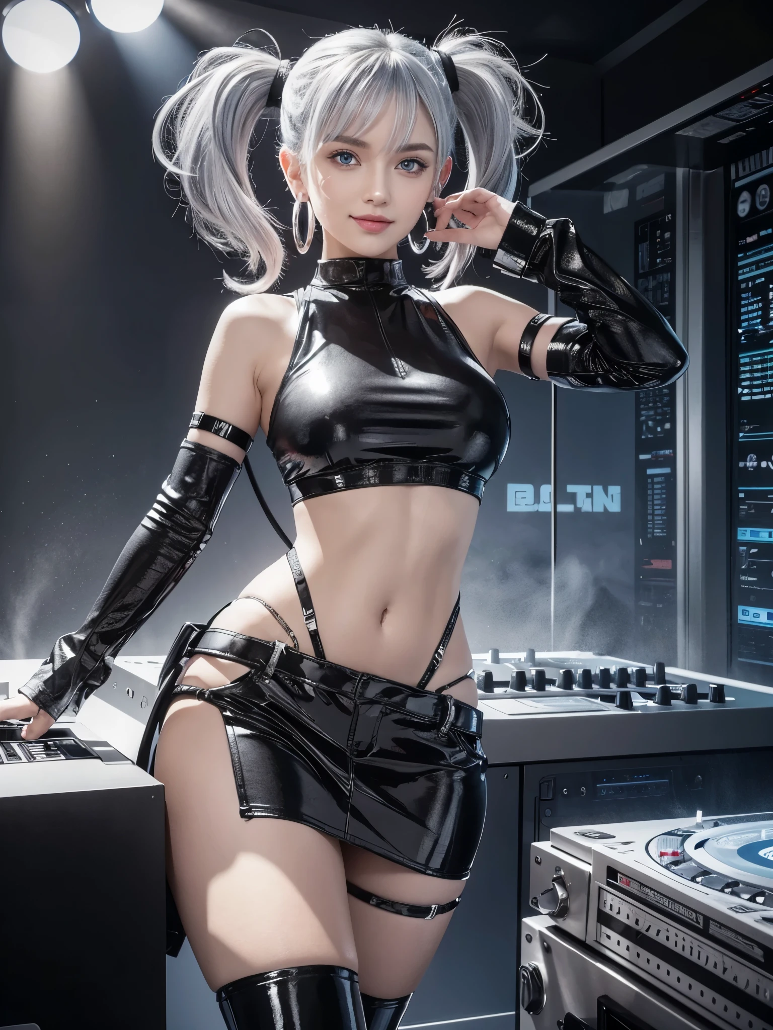 (ultra Realistic, ultra detailed, beautiful, best quality:1.2), 1 girl, solo shot, //Composition
A female DJ stands behind a sleek, black-and-white turntable setup in a dimly lit nightclub, surrounded by pulsating lights and a simple, futuristic backdrop,
//Attire
The DJ wears a form-fitting white crop top with black trim, matching high-waisted black pants with white stripes down the sides, and white platform boots. Accessories include black fingerless gloves and silver hoop earrings,
//Model
With her mesmerizing, watery blue eyes and ash-gray hair styled in a sleek, asymmetrical bob, the DJ exudes confidence as she engages with the audience, her fingers poised over the mixer with a mischievous grin.