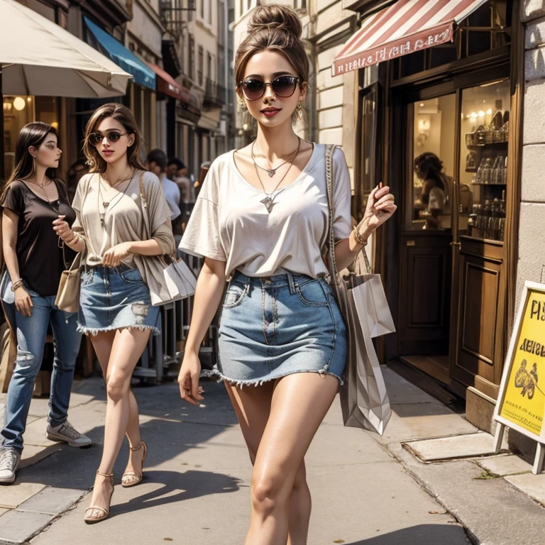 Highly detailed, high quality, masterpiece, 1 woman, walking down the street, shopping bag in both hands, happy expression, brown hair, tied into a messy bun, (casual wear: 1.1), white t-shirt, shortest skirt with visible panties, high heels, light makeup, (silver necklace: 1.2), sunglasses on the head, holding flowers, people and storefront in the background, outdoors, sunny day.