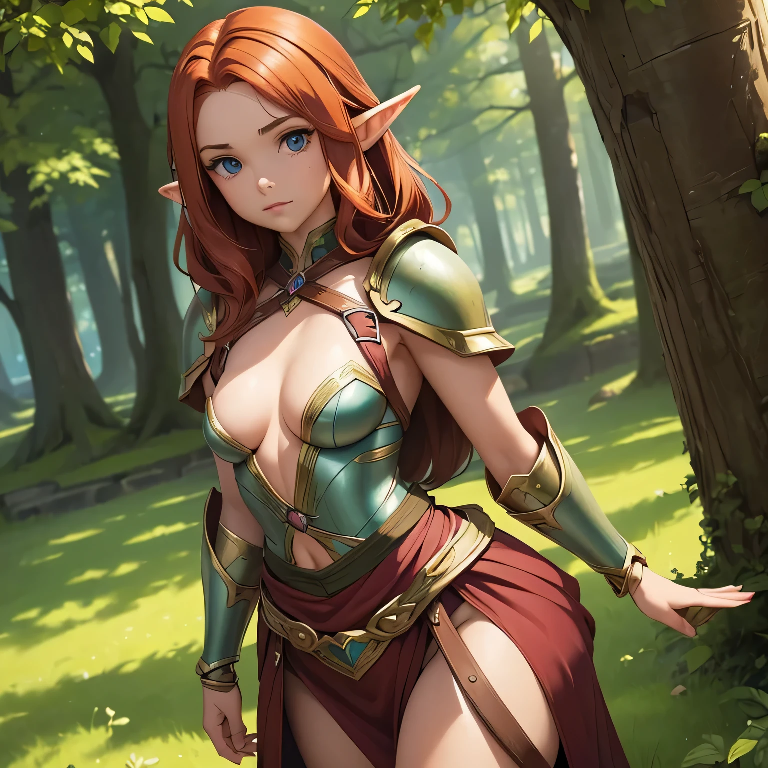 ((Masterpiece)) ((Perfect Face)) ((Beautiful)) ((Small Breasts)) ((Narrow Waist)) ((Wide Hips)) ((Elf Woman)) ((Fantasy Armor)) ((Auburn Hair))