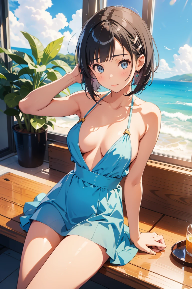 summer dress , Naoha Kirigaya、1 girl, bob hair, black hair, hair clip, masterpiece,Tanning in school swimsuits