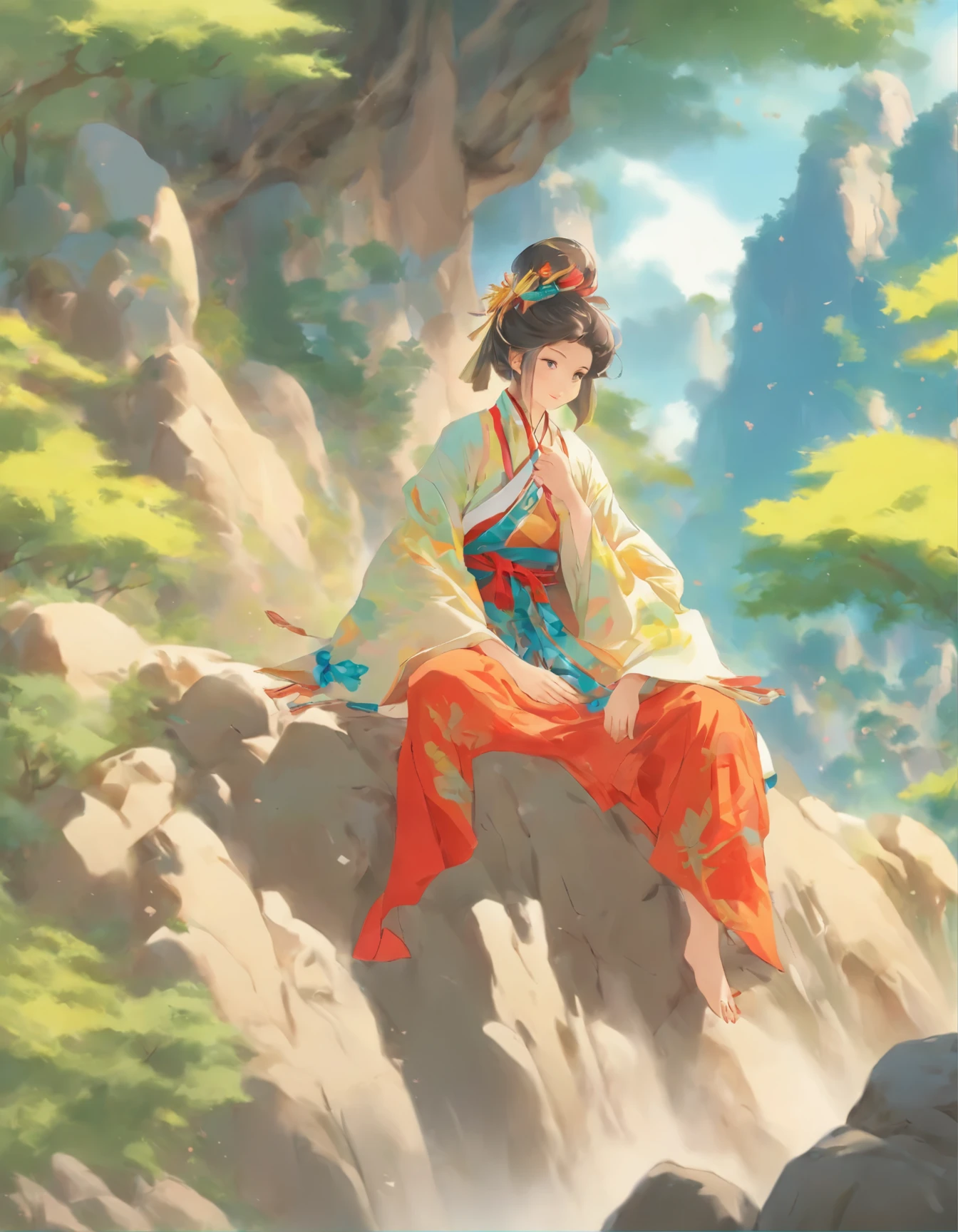 a painting of a woman sitting on a rock under a tree, by Zou Zhe, by Yang J, by Li Song, by Zeng Jing, by Zou Yigui, by Chen Lin, by Lin Liang, by Li Fangying, by Ye Xin, by Tang Yifen, by Xie Sun, by Leng Mei, by Ni Tian