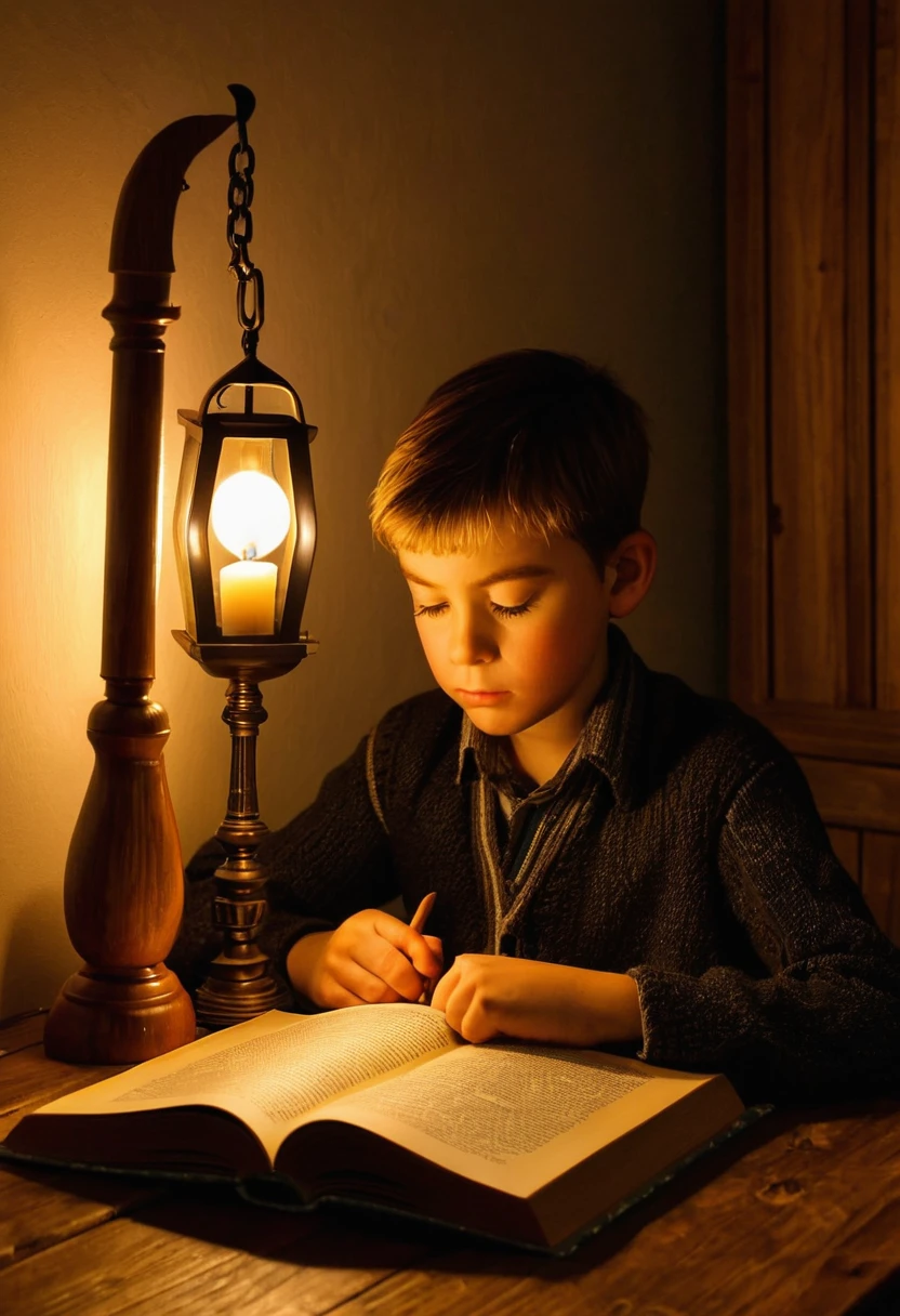 Candlelight a boy reading a book very seriously next to a wooden pendulum clock