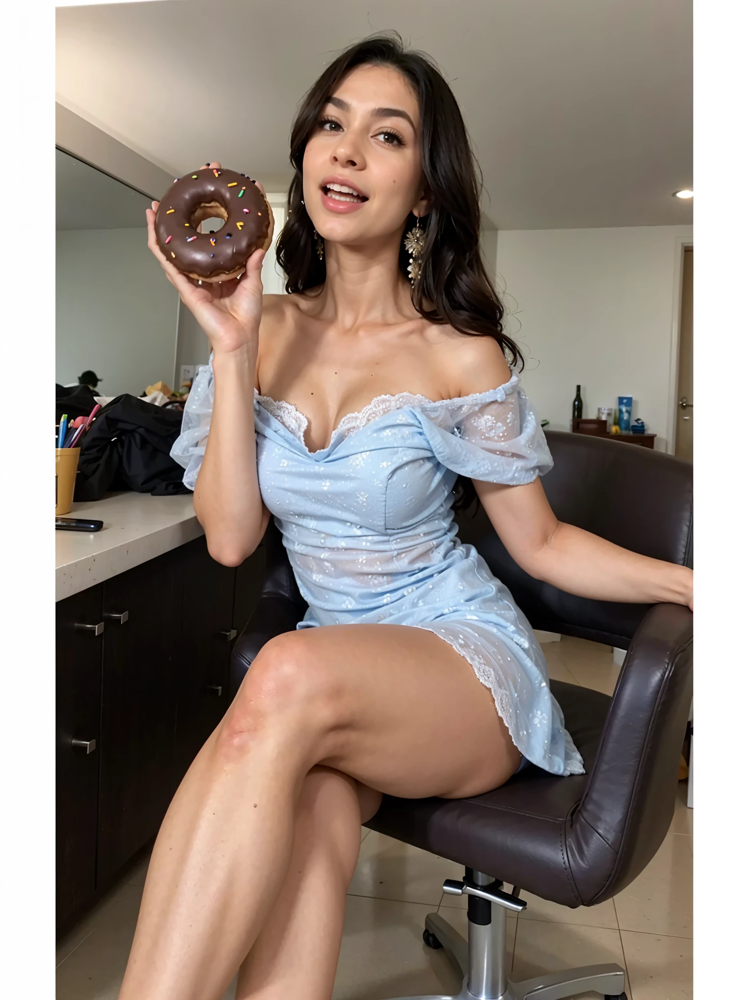 mujer araffada sentada en una silla sosteniendo un donut en la mano, minivestido corto, hermosa dama, vestido sexy, vestido corto, violeta myers, card b, vestido azul hielo, en un vestido, vestido tubo, linda mujer, karla ortiz, mia califa, se parece a fabiula natal, Brazilian, cielo - vestido azul, modelo de instagram