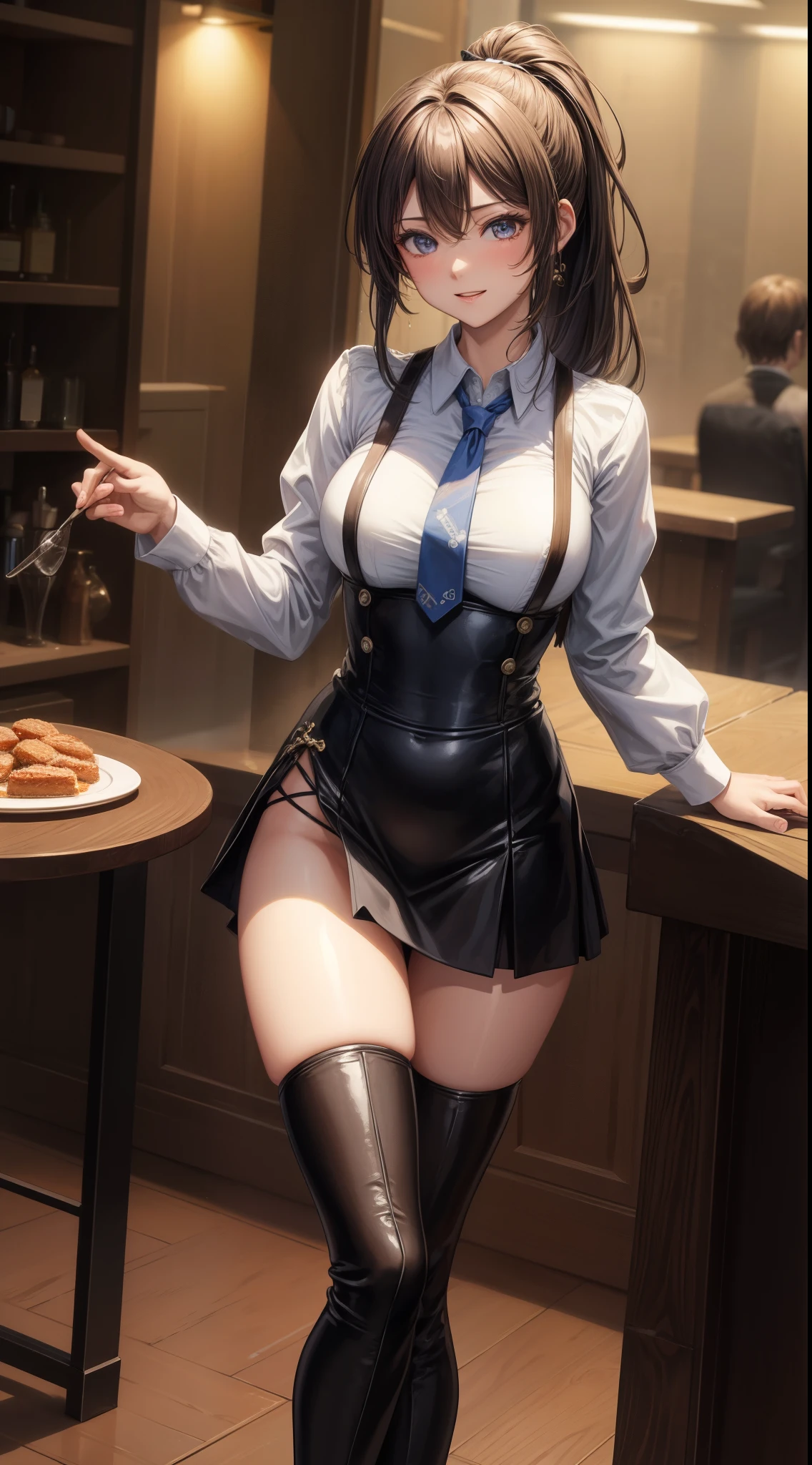 (((woman))), (((best quality person))), (masterpiece、highest quality:1.2), cowboy shot, solo, 1 girl, shirase sakuya, laughter, look at the audience, high ponytail, , collared shirt, tie, skirt、black leather thigh boots、high heels、expensive、long legs、thighs thighs thighs、full body image、expensive、Absolute area、