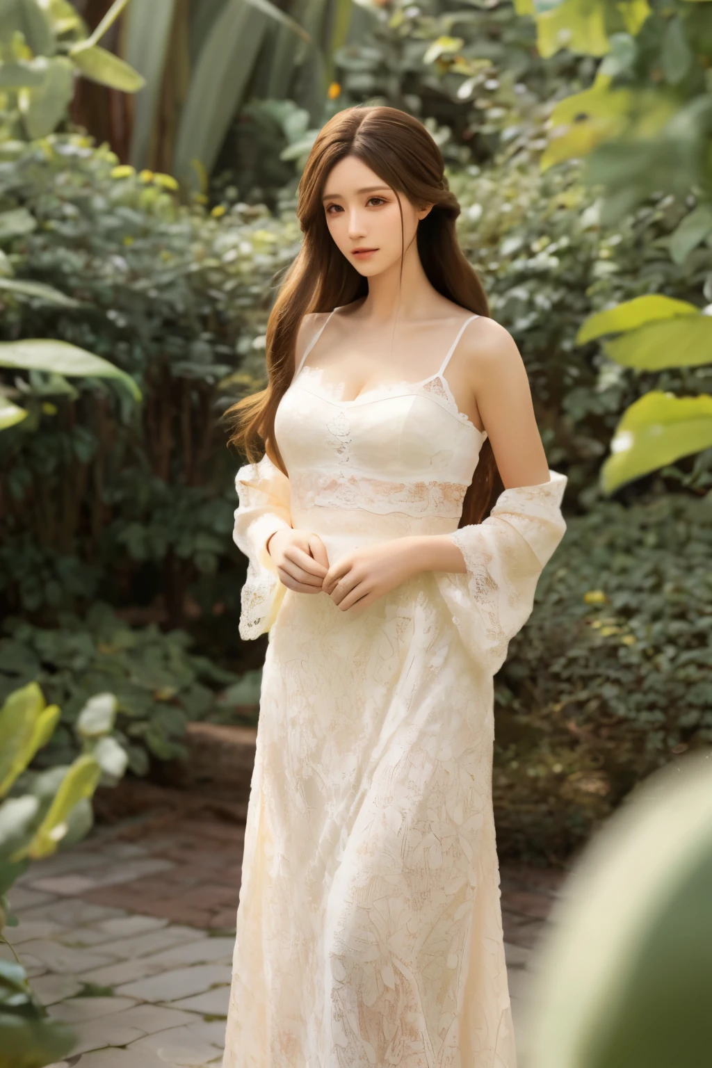 front view,on side,Best quality, (Photorealistic:1.2), Hyper-Resolution, Ultra-realistic 8K CG，1girl，long hair，delicate face,White lace tube top dress,botanical garden,at noon