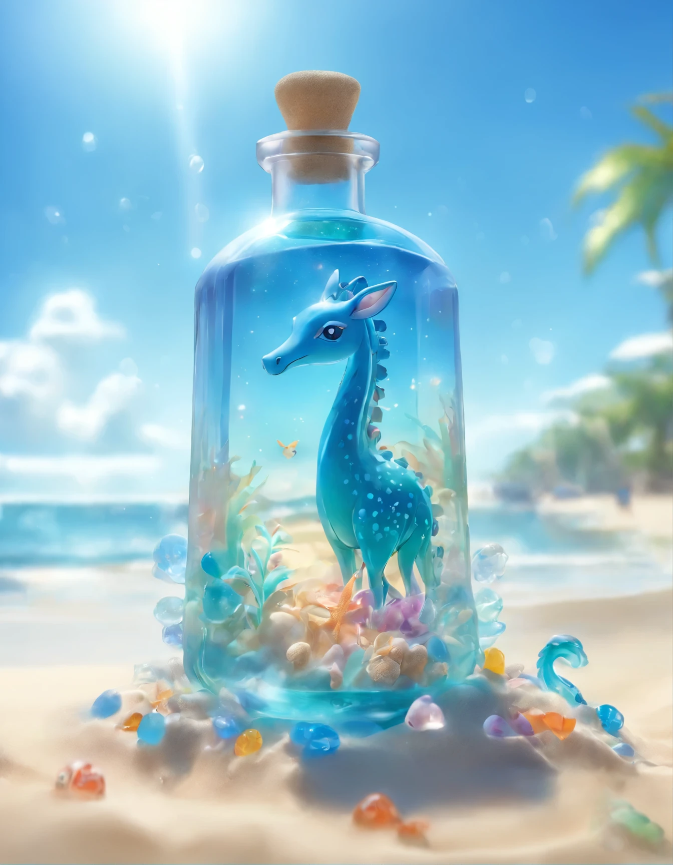 araffe on the beach with a blue bottle in the sand, made out of clear plastic, washed up, beautiful glass work, realistic glass sculpture, full of glass. cgsociety, made out of plastic, made out of glass, deep ocean sculpture, sea creature, blue transparent jelly, blown glass, glass sculpture, liquid sculpture, made purely out of water