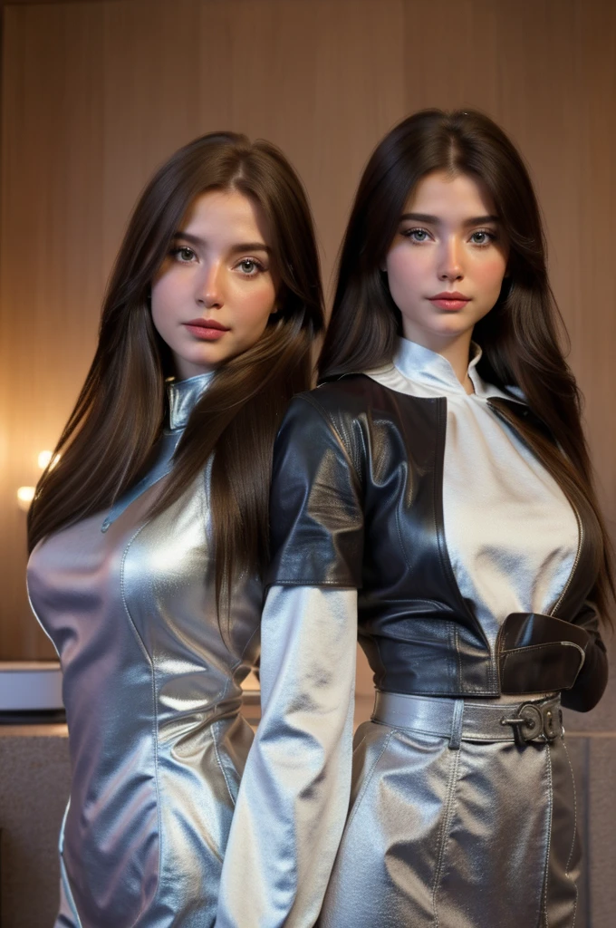 Professional photograph, best quality, 8K, hyper detailed, half body, A close up portrait of two gorgeous, beautiful, wonderful women, argentinian and russian females together posing for the camera, both women have super long hair, argentinian girl has brown hair and russian girl has dark blonde hair, the both of them are wearing winter clothing, both are wearing leather jacket. Both women are wonderful, dream, ethereal, timeless, majestic beauties from Argentina and Russia, they're glad and enjoying taking a picture. There are a argentinian and a russian flag at bottom