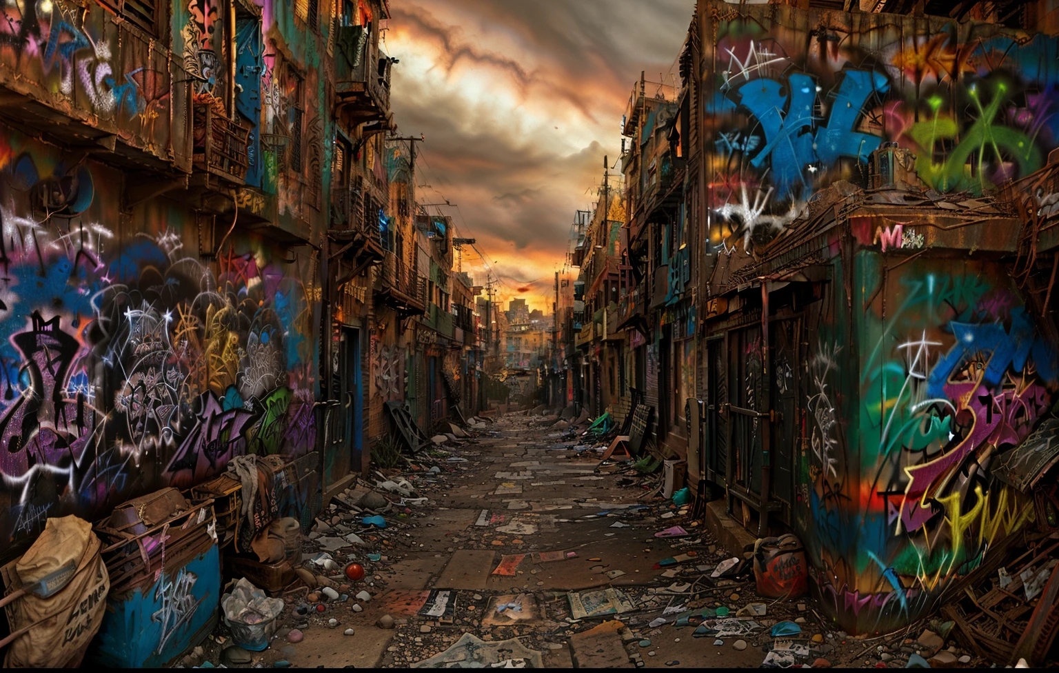 graffiti covered alley with a dark sky and a building in the background, back alley, abandoned City with graffiti, high dynamic range photo, City + Graffiti background, high dynamic range, impending doom in an alleyway, alley, high dynamic range!, City涂鸦, urban fantasy setting, high dynamic range photography, high dynamic range shot, intense dramatic high dynamic range, Graffiti on the wall, Post-apocalyptic San Francisco, in an alley, alleyway