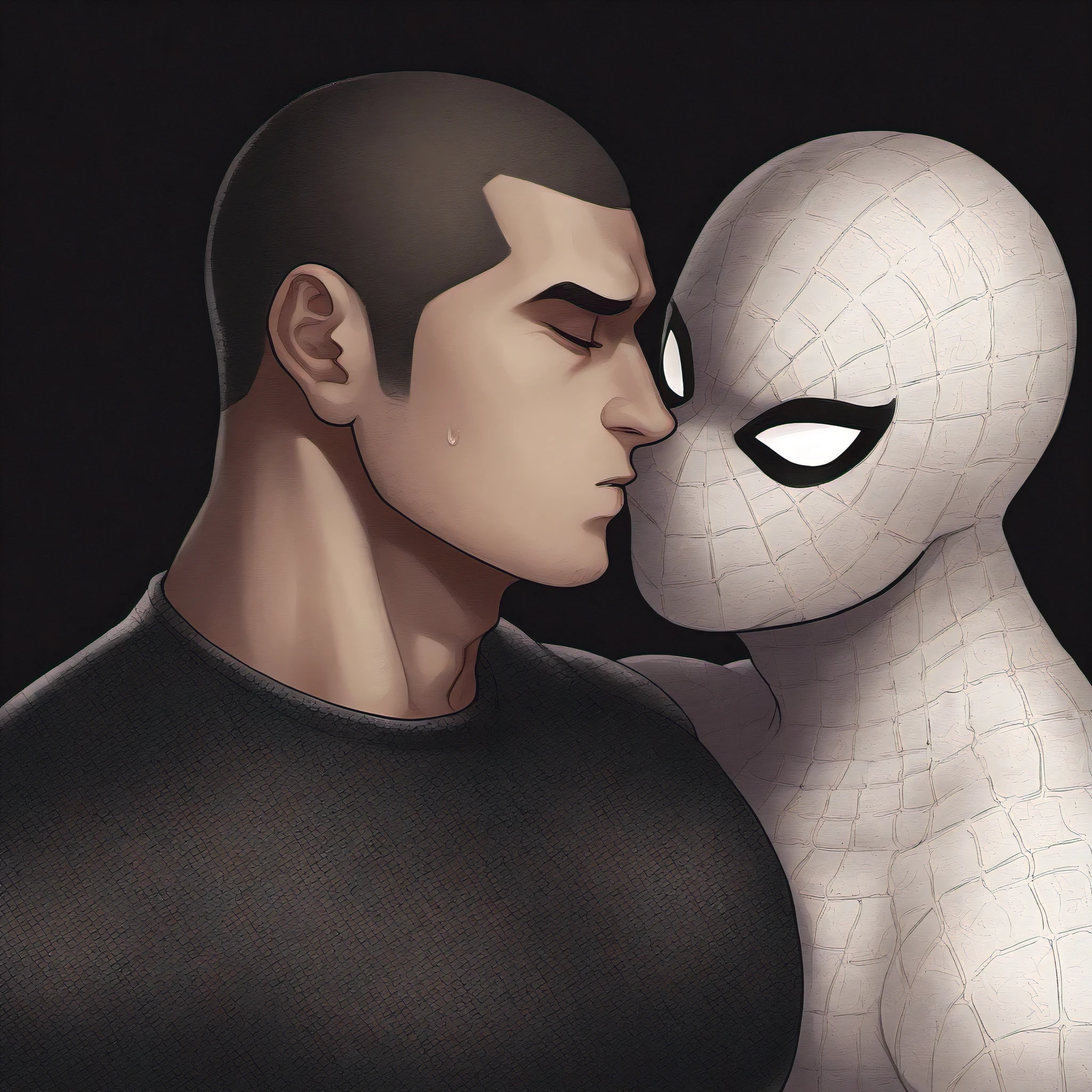anime characters:White Spider-Man and Black Spider-Man, Embrace, kiss, Muscular Spider-Man, male focus, No Spider-Man Logo, Upper body, Buzz Cut, eyes are sad shape, aged leather texture, He wears a White tights, small grid texture, spiderman mask, Spider-Man logo, muscular male, Extra large breasts, only, alone, Black background, simple background, amazing quality, best aesthetics, Ridiculous, crew cut, drop shadow, best quality