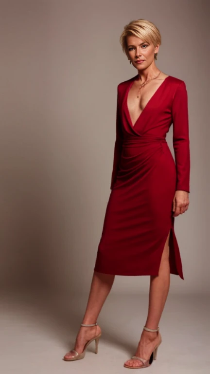 full shot photo:1.5 of a 44-year-old German androgynous male non-binary named Shay Nollaig wearing a red dress and high heels, tall, slender, blonde, short hair, (flat chest:1.3), (Aged 44:1.5)), prominent brow, adams apple,  blank background, different pose, different angles