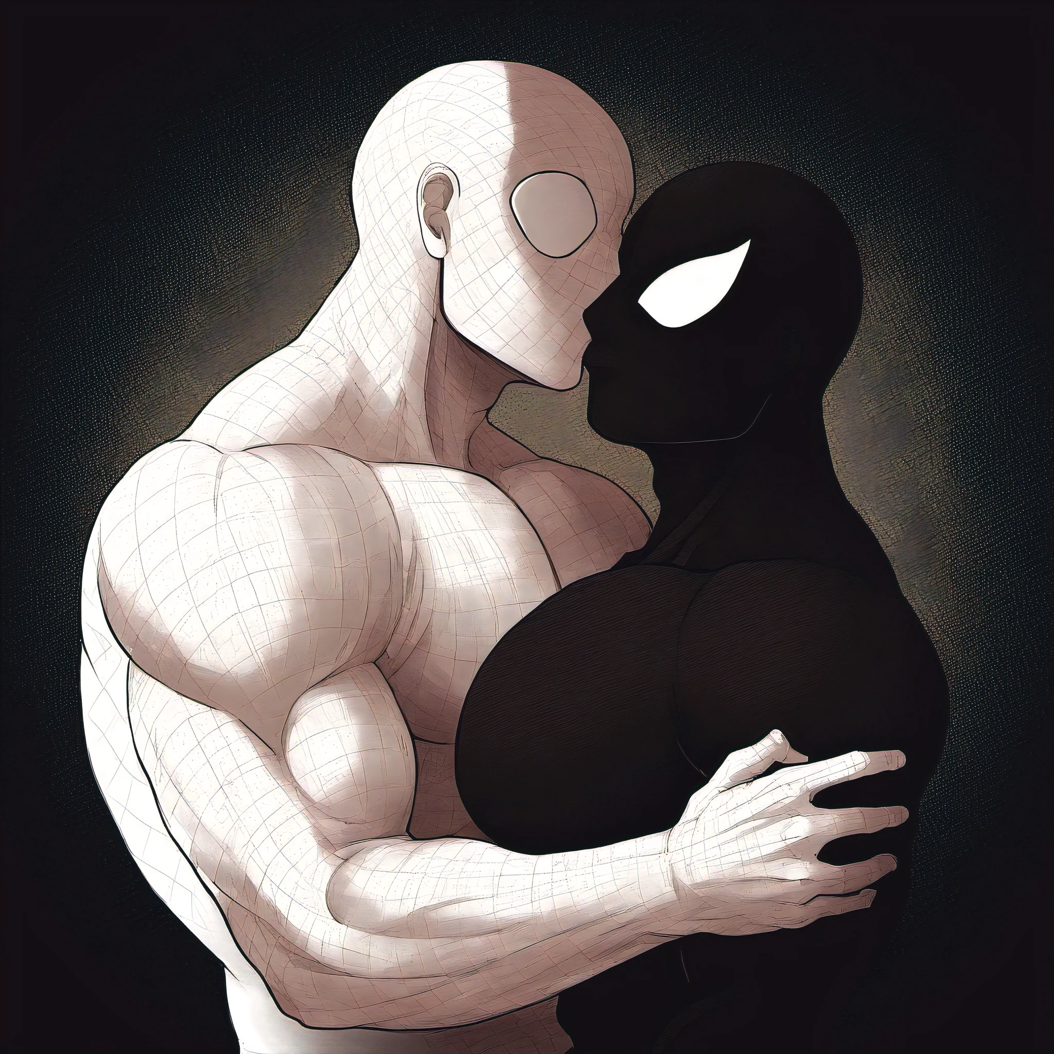 anime characters：White Spider-Man and Black Spider-Man, Embrace, kiss, Muscular Spider-Man, male focus, No Spider-Man Logo, Upper body, Buzz Cut, eyes are sad shape, aged leather texture, He wears a White tights, small grid texture, spiderman mask, Spider-Man logo, muscular male, Extra large breasts, only, alone, Black background, simple background, amazing quality, best aesthetics, Ridiculous, crew cut, drop shadow, best quality