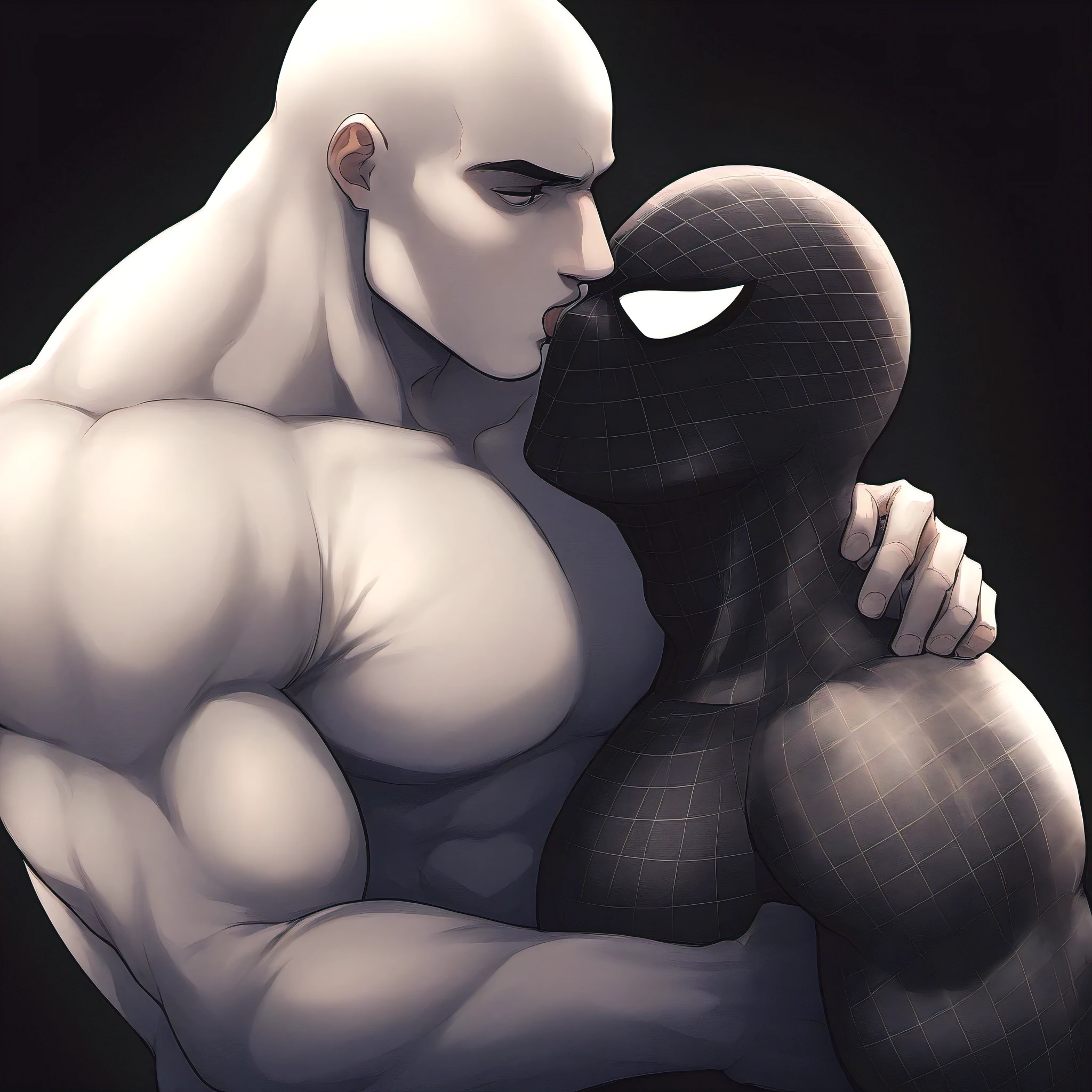 anime characters:White Spider-Man and Black Spider-Man, Embrace, kiss, Muscular Spider-Man, male focus, No Spider-Man Logo, Upper body, Buzz Cut, eyes are sad shape, aged leather texture, He wears a White tights, small grid texture, spiderman mask, Spider-Man logo, muscular male, Extra large breasts, only, alone, Black background, simple background, amazing quality, best aesthetics, Ridiculous, crew cut, drop shadow, best quality