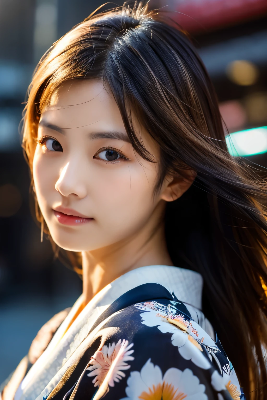 Beautiful Japanese supermodel woman, A lock of hair with slight highlights, black eyes, Sexy，street background，Gorgeous kimono , Liquid color flows across her face, Shooting against the light，Perfect facial lighting，mixed media