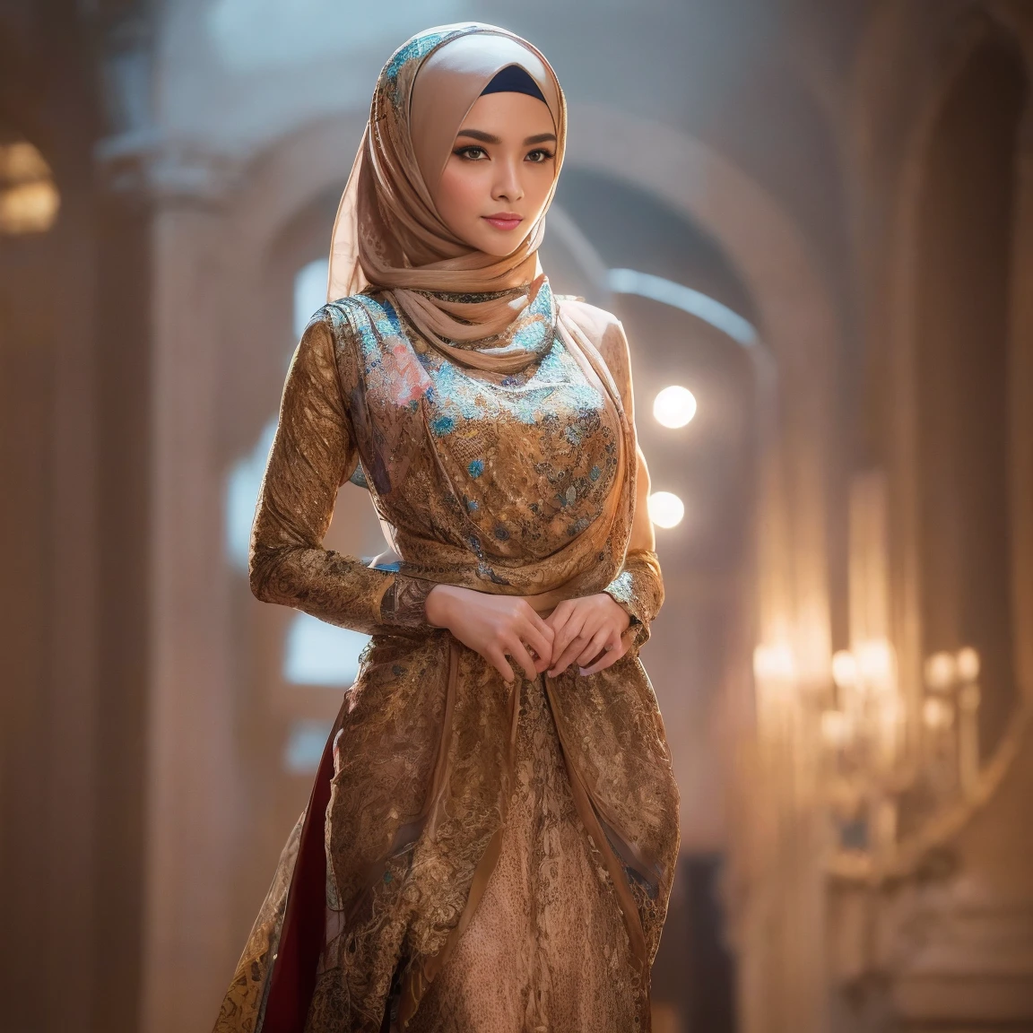 Best quality, masterpiece, realistic photos, intricate details, original photos, wearing traditional baju kurung, photon rendering, octane rendering, ridiculous, ultra-detailed, detailed faces, detailed skins, trends on artstation, 8k masterpieces, cinematic lighting, ((1girl)), ((solo)), perky round breasts, medium breasts, long hijab, dynamic pose