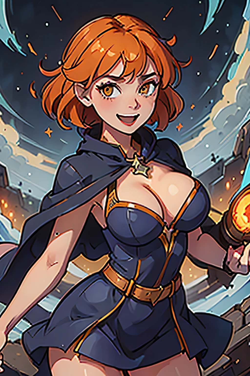 (((masterpiece))), (((best quality))), illustration, single character, game character, rpg character, female character, female thiefling dark acolyte. tall torso. skinny athletic girl. skimpy girl. indigo blue dress with golden details and lines, open dress. light red skin. exposed legs. leather bracers. huge open cleavage, big gem necklace. tiny breasts. small titties. wide hips. up turned hips. wavy short hair. flowing orange hair, yellow eyes, sexy face expression. laughing smile. black cloak. orange hair. cosmic background, flat color background, anime character, 8k, awesome quality