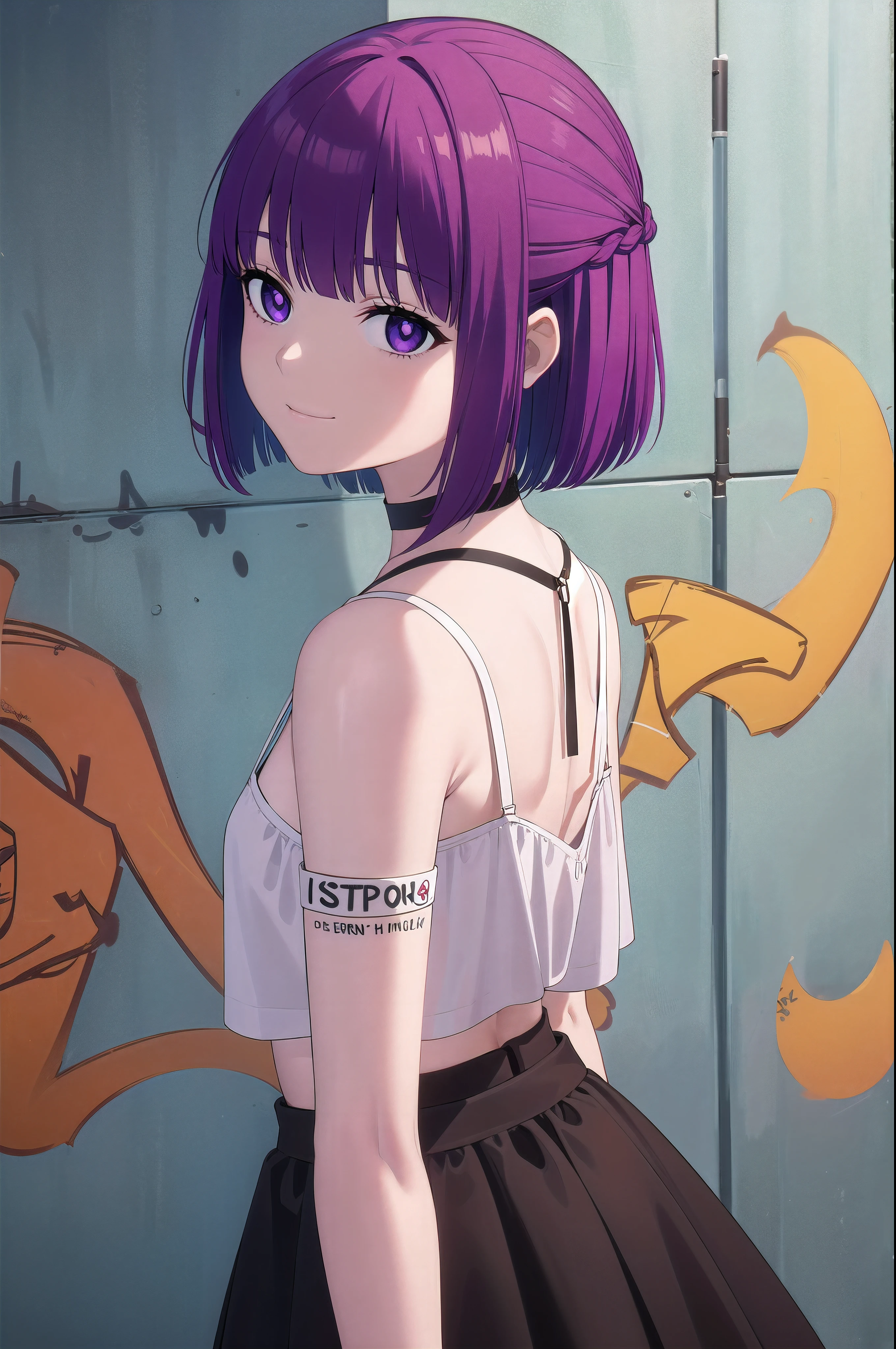 masterpiece, best quality, 1girl, solo, stylish crop top, smile, vibrant short purple hair, bobhair, short-hair, short bob hair, (((bobcut))), bob haircut, very short bob cut, lip length hair, blunt ends, pixie bob, buzzed nape ((haircut:1.3)), undercut, bobbed hair, minibob, sidecut, sidecut, shaved, purple eyes, graduation bob, straight short hair, short hair above the ears, Shot diagonally from the side, elegant braid, soft bangs, upper body, alluring choker, (graffiti:1.5), artistic paint splatter, seductive arms behind back, leaning against wall, exposed back, fashionable armband, urban hiphop style, flirty skirt, playful head tilt, intense expression, warm orange, dynamic asymmetrical design, bold geometric shapes, creative street art
