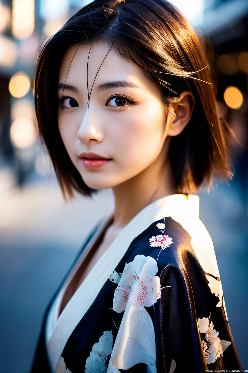 Beautiful Japanese supermodel woman, A lock of hair with slight highlights, black eyes, Sexy，street background，Gorgeous kimono , Liquid color flows across her face, Shooting against the light，Perfect facial lighting，mixed media