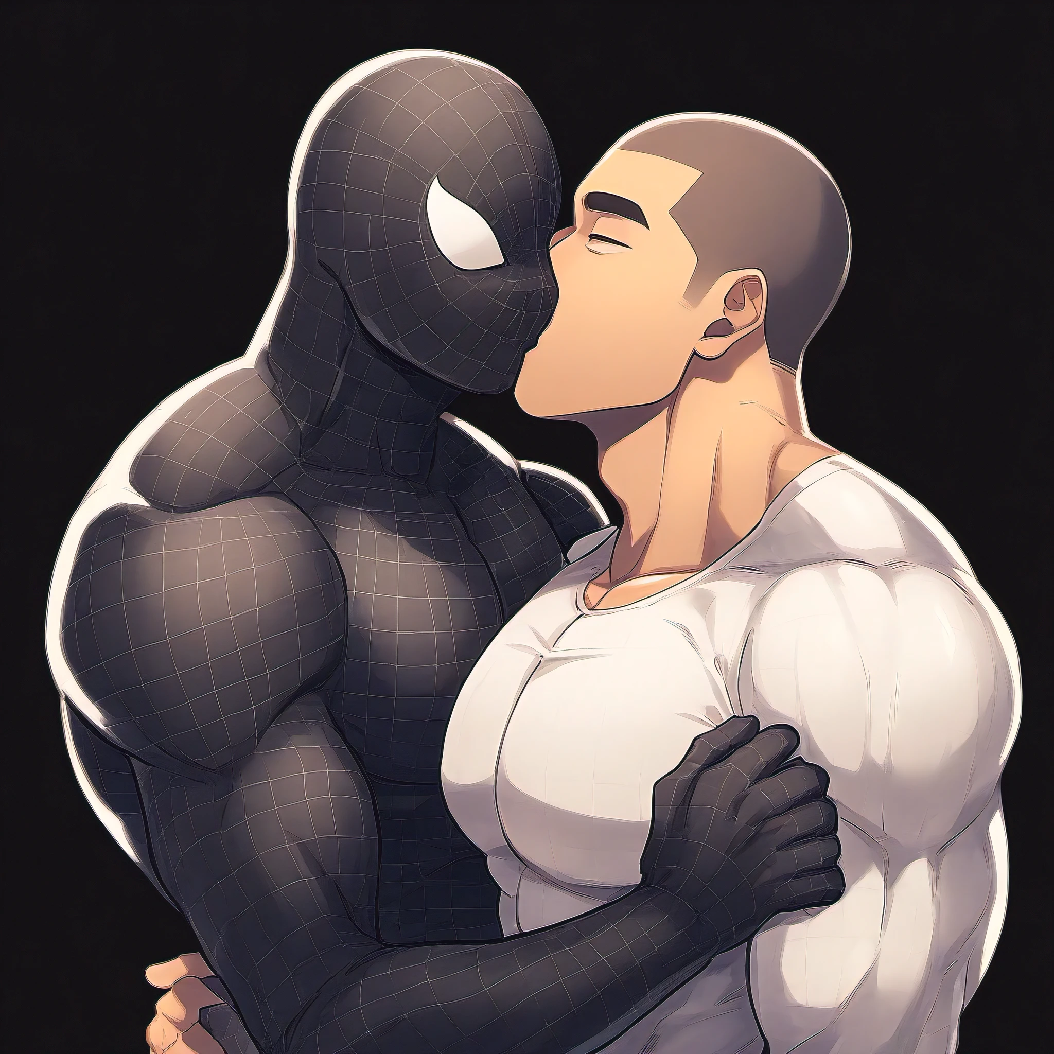 anime characters：White Spider-Man and Black Spider-Man, Embrace, kiss, Muscular Spider-Man, male focus, No Spider-Man Logo, Upper body, Buzz Cut, eyes are sad shape, aged leather texture, He wears a White tights, small grid texture, spiderman mask, Spider-Man logo, muscular male, Extra large breasts, only, alone, Black background, simple background, amazing quality, best aesthetics, Ridiculous, crew cut, drop shadow, best quality