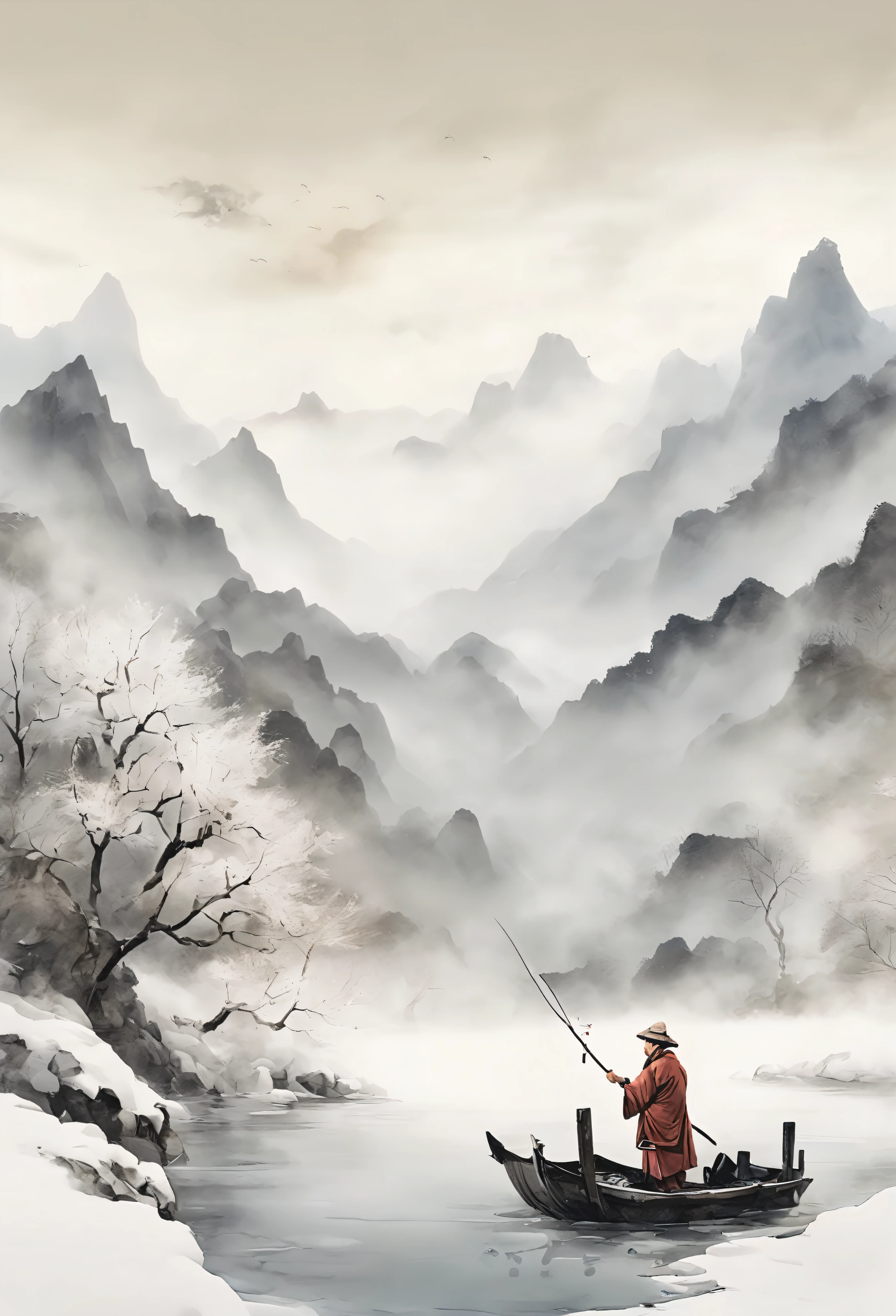 Once upon a time there was a man rowing a boat and fishing in the river,snow,((white snow)),white,snowfield,((snow scene)),The background is mountains,( Traditional Chinese painting style), traditional Chinese painting, (Chinese style),(ink style)),Chinese style景, Inspired by Li Keran, , Chinese traditional art,,wearing a robe,garbed in