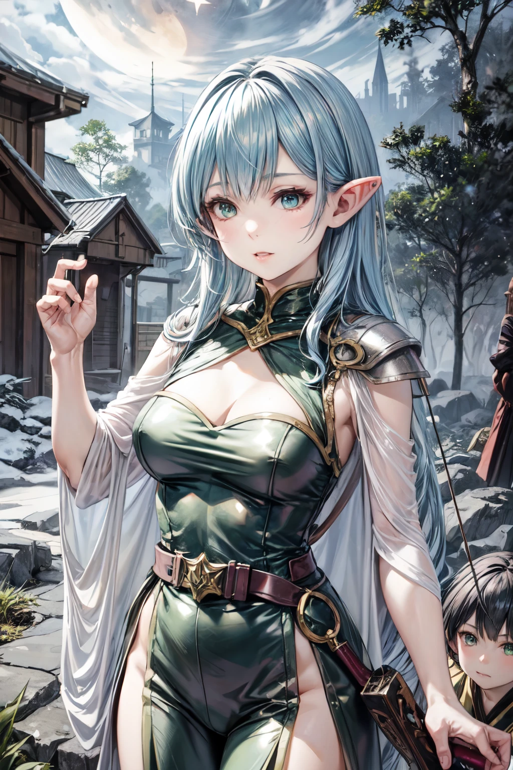 Hair like Starlight. Green eyed anime girl with Bow on back in a moon lit forest at night, elf girl, artgerm and atey ghailan, extremely detailed artgerm, female elf, alluring elf princess knight, 2. 5 d cgi anime fantasy artwork, elf warrior, a portrait of an elf, artgerm lau, anime girl. skinny and small. green ranger type outfit. dnd inspired. archer.