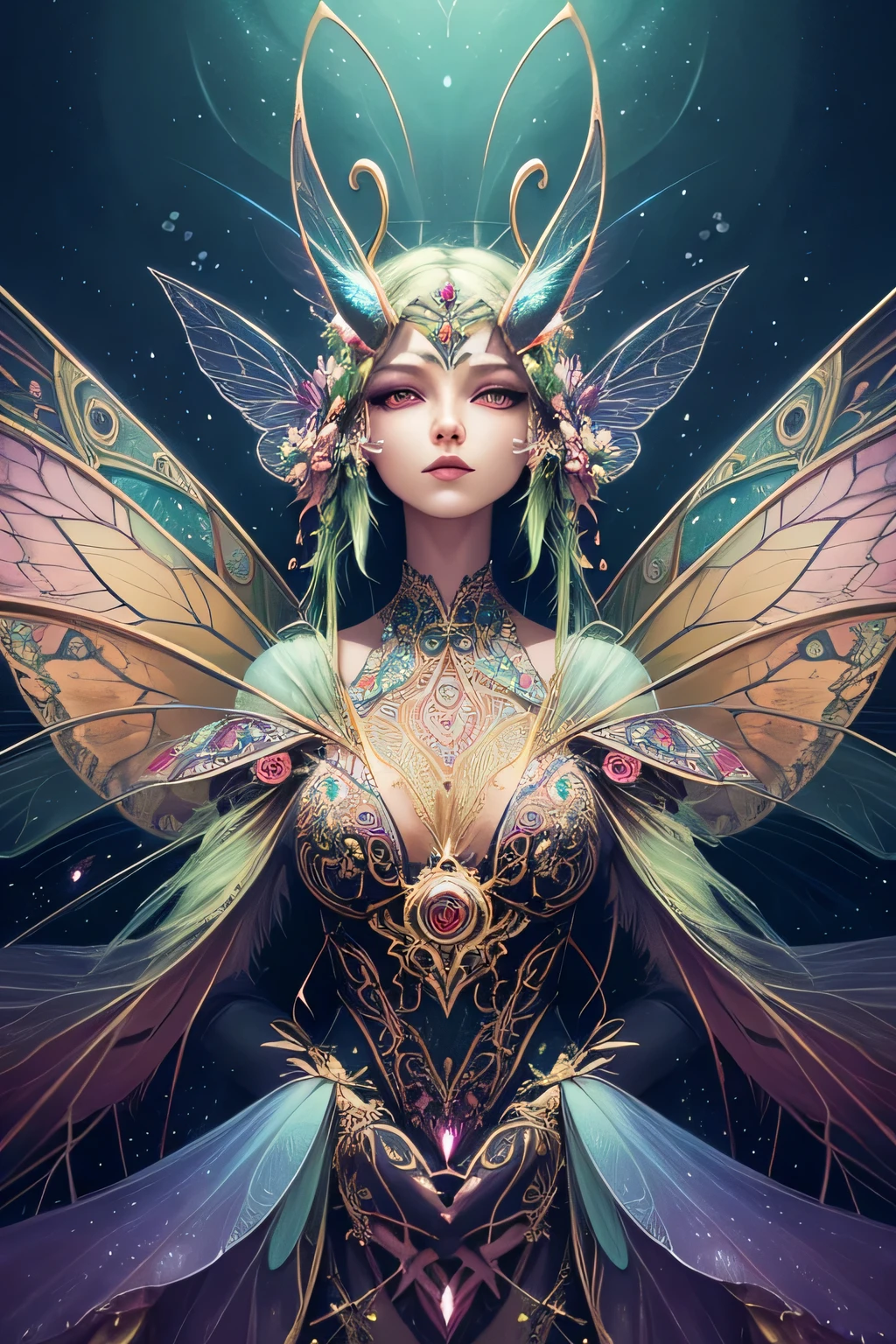 anthropomorphic moth and praying mantis hybrid, vivid colors, highres, detailed eyes, detailed wings, intricate patterns, surreal atmosphere, fantasy creature, insect anatomy, delicate antennae, graceful poses, dreamlike landscape, soft lighting, magical realism, ethereal beauty, mystical aura, enchanting presence, otherworldly qualities, fine art illustration, imaginative interpretation, mythical beings, nature-inspired, mesmerizing fusion, intricate textures, delicate blending, vibrant hues, striking contrasts, captivating composition, photorealistic details.