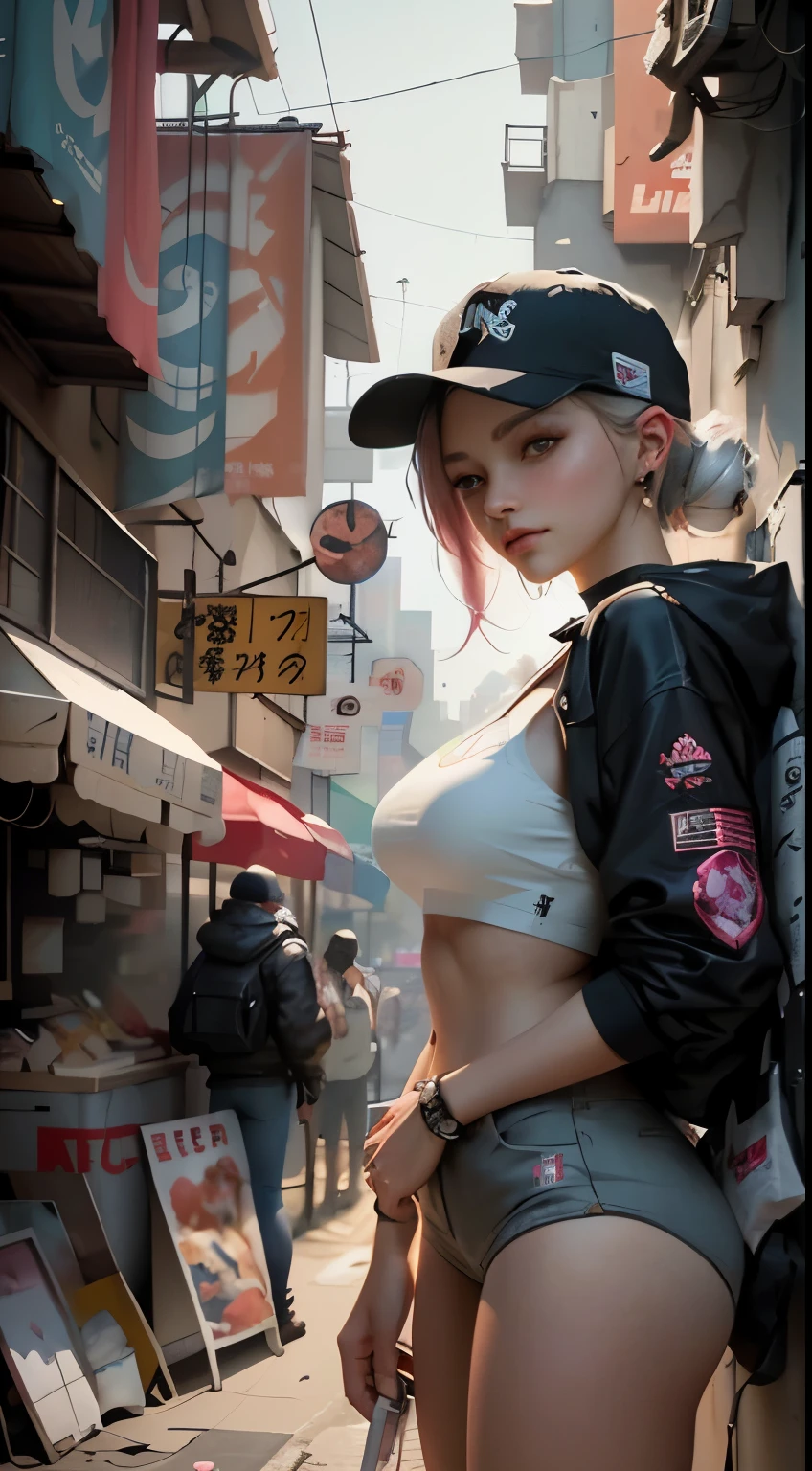 arafed woman in a baseball cap and shorts standing on a street corner, [ trending on cgsociety ]!!, 🌺 cgsociety, cyberpunk streetwear, cyberpunk 2 0 y. o model girl, hyper-realistic cyberpunk style, wojtek fus, best of artstation, cyberpunk beautiful girl, artwork in the style of guweiz, ross tran 8 k