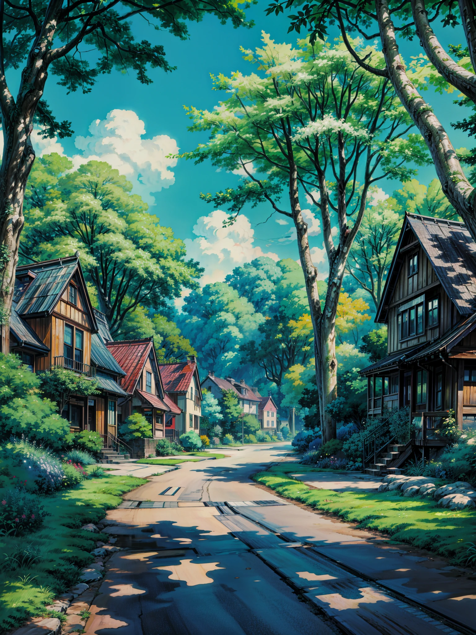a street lined with lots of houses and trees, anime scenery, anime nature wallpap, anime. by makoto shinkai, anime landscape, anime nature, anime landscape wallpaper, anime beautiful peace scene, anime movie background, summer street, by Makoto Shinkai, by makoto shinkai, anime background art, peaceful suburban scene, studio ghibli environment, 4k hd,, beautiful art uhd 4 k, a beautiful artwork illustration, beautiful digital painting, highly detailed digital painting, beautiful digital artwork, detailed painting 4 k, very detailed digital painting, rich picturesque colors, gorgeous digital painting