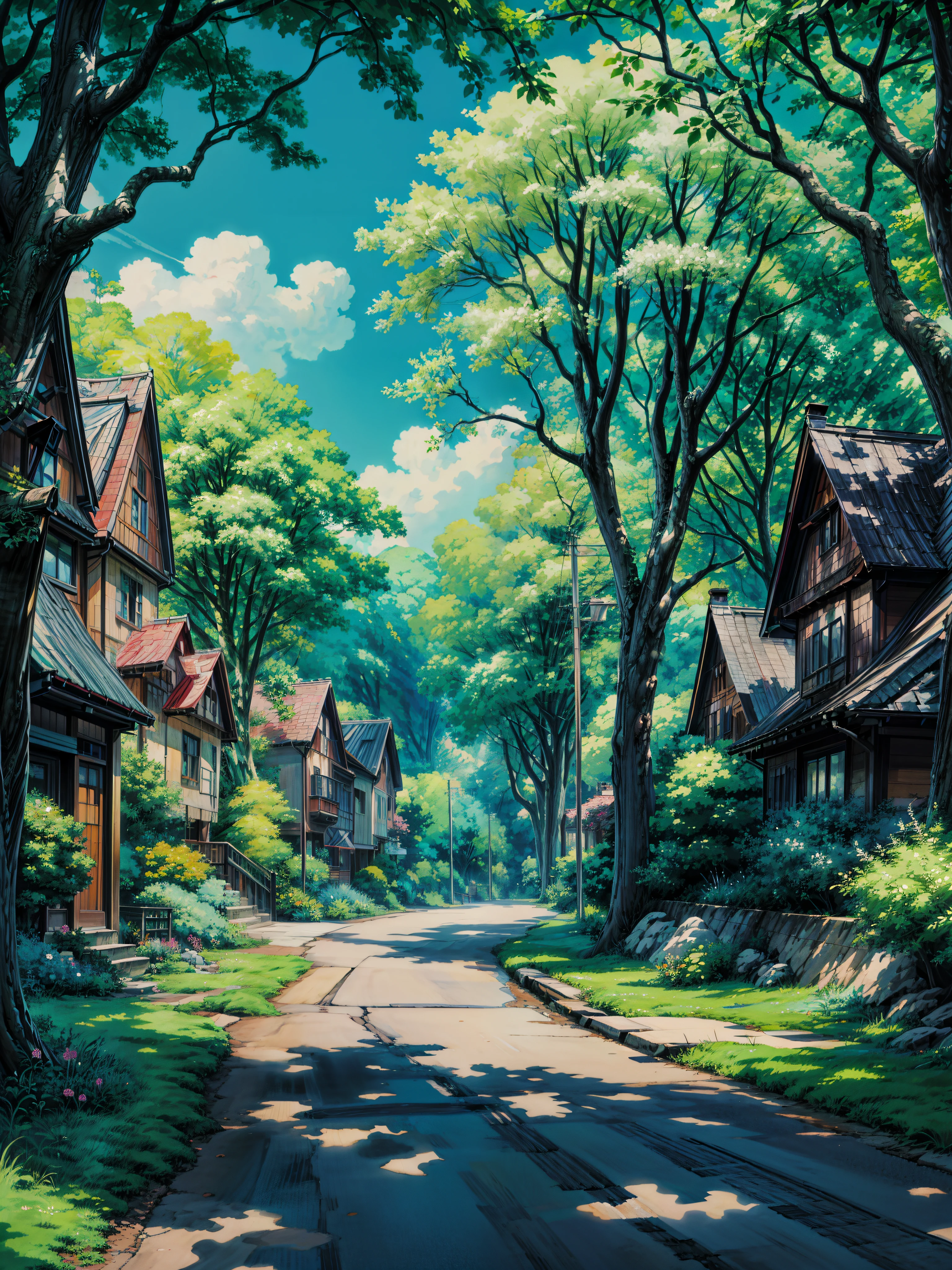 a street lined with lots of houses and trees, anime scenery, anime nature wallpap, anime. by makoto shinkai, anime landscape, anime nature, anime landscape wallpaper, anime beautiful peace scene, anime movie background, summer street, by Makoto Shinkai, by makoto shinkai, anime background art, peaceful suburban scene, studio ghibli environment, 4k hd,, beautiful art uhd 4 k, a beautiful artwork illustration, beautiful digital painting, highly detailed digital painting, beautiful digital artwork, detailed painting 4 k, very detailed digital painting, rich picturesque colors, gorgeous digital painting