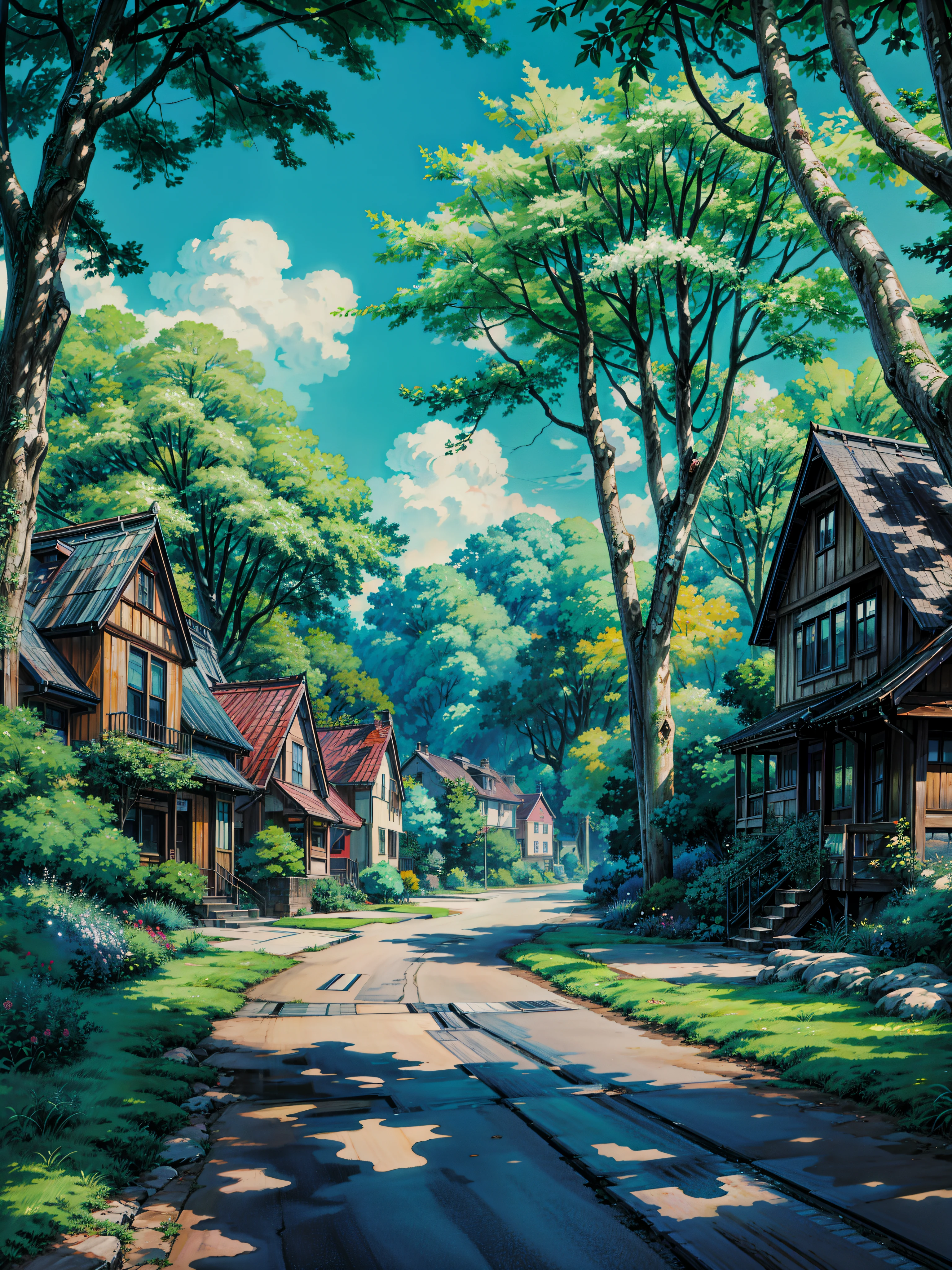 a street lined with lots of houses and trees, anime scenery, anime nature wallpap, anime. by makoto shinkai, anime landscape, anime nature, anime landscape wallpaper, anime beautiful peace scene, anime movie background, summer street, by Makoto Shinkai, by makoto shinkai, anime background art, peaceful suburban scene, studio ghibli environment, 4k hd,, beautiful art uhd 4 k, a beautiful artwork illustration, beautiful digital painting, highly detailed digital painting, beautiful digital artwork, detailed painting 4 k, very detailed digital painting, rich picturesque colors, gorgeous digital painting
