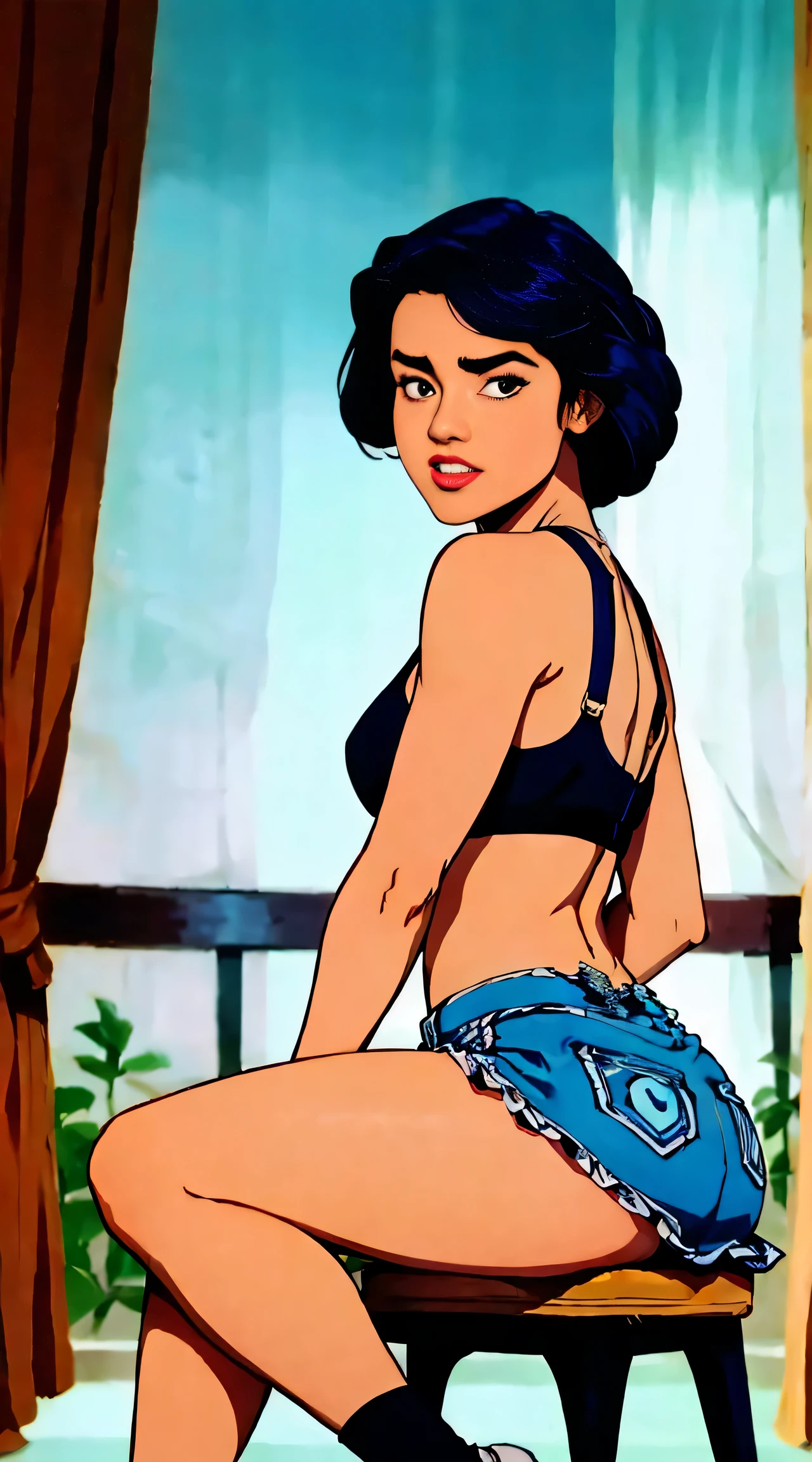 20 years old girl sitting on the chair, dark skin, afro hair, vintage, retro pin up style,sexy, , surprised, mini tight skirt, flowing skirt, colorful , orange and teal color scheme, masterpieces art work, illustrated,bi-racial, muito sensual, com roupas de funkeira Lacoste, Oakley Juliet, brasileira, na cidade do rio de janeiro, Brasil, dancing funk, rebolando, bunda grande, pernas grossas, usando um short jeans extremamente curto, showing a piece of ass, Micro Short Curto, usando uma mini blusa, umbigo com pirsing, sneakers Nike, cabelo comprido, caixa de som JBL no fundo, favela no fundo, periferia no fundo, corpo inteiro, muito realista, extremamente Realista, extremamente sexy, 8k, 8k extremamente detalhado), (um extremamente delicado e bonito), (obra-prima), (melhor qualidade: 1.0), (ultra highres:1.0)