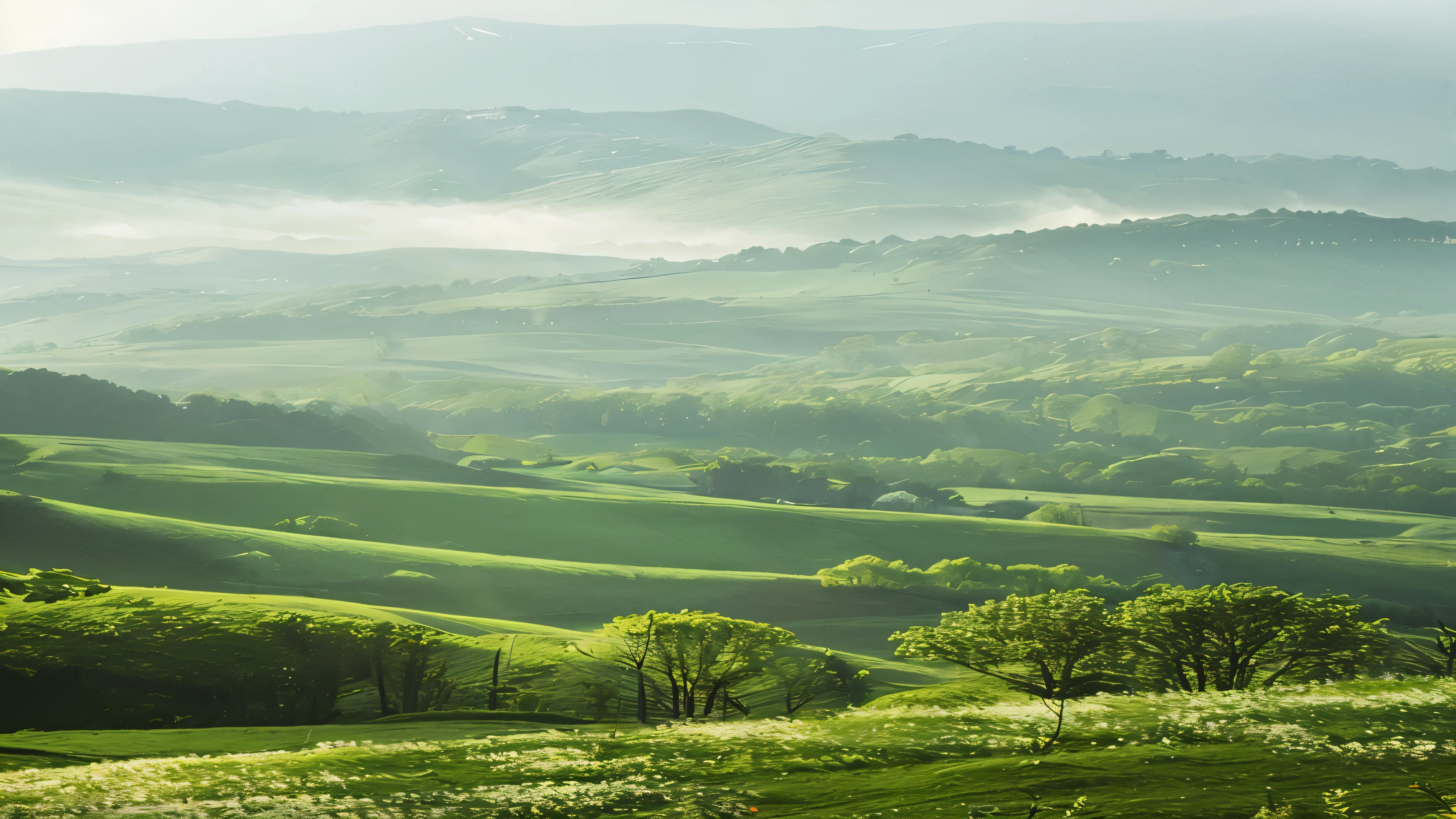 Mountains and valleys covered with green grass and trees, rolling green hills, tuscany hills, In the soft green light of dawn, In the soft green light of dawn, lush countryside, dreamy scenery, green hills, rolling hills, light green mist, peaceful scenery, lovely valley, flowing hills, verdant green fields, green fields, green mist, green tint, lush valley