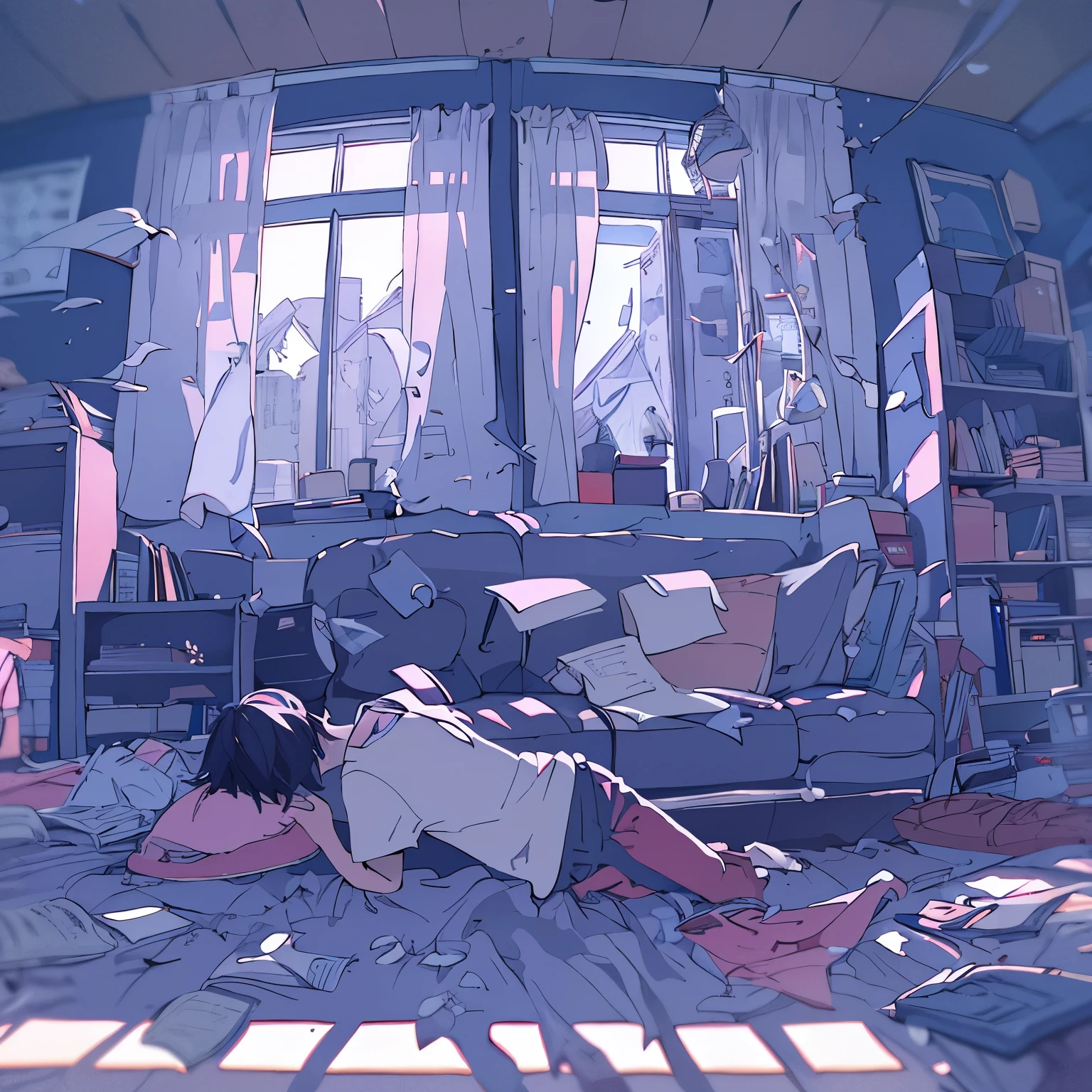 A person lying on a worn-out sofa in a cluttered room with their back turned towards me. The room is filled with scattered papers, empty coffee cups, and discarded clothes. Dim sunlight filters through dusty windows, casting a hazy glow on the disarray. The person's disheveled appearance suggests a long night of restlessness. Their silhouette reveals slumped shoulders and a tired posture, as if carrying the weight of the world. The room exudes a sense of melancholy, with the faint scent of forgotten dreams and unanswered questions lingering in the air.