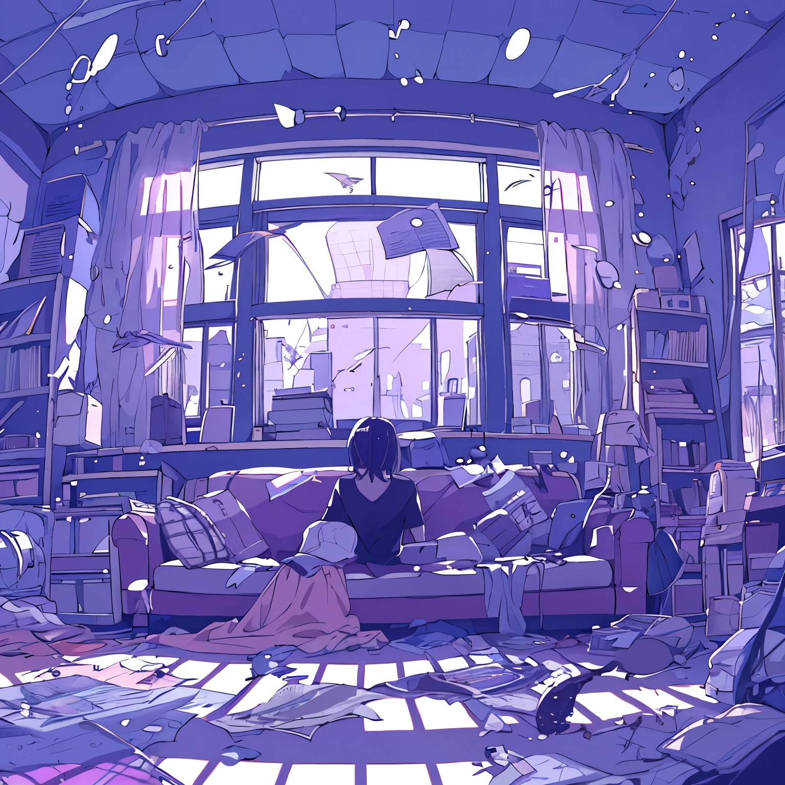 A person lying on a worn-out sofa in a cluttered room with their back turned towards me. The room is filled with scattered papers, empty coffee cups, and discarded clothes. Dim sunlight filters through dusty windows, casting a hazy glow on the disarray. The person's disheveled appearance suggests a long night of restlessness. Their silhouette reveals slumped shoulders and a tired posture, as if carrying the weight of the world. The room exudes a sense of melancholy, with the faint scent of forgotten dreams and unanswered questions lingering in the air.