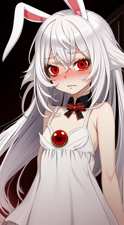 Anime girl with white hair and bunny ears, Red eyes, He blushed shyly, 