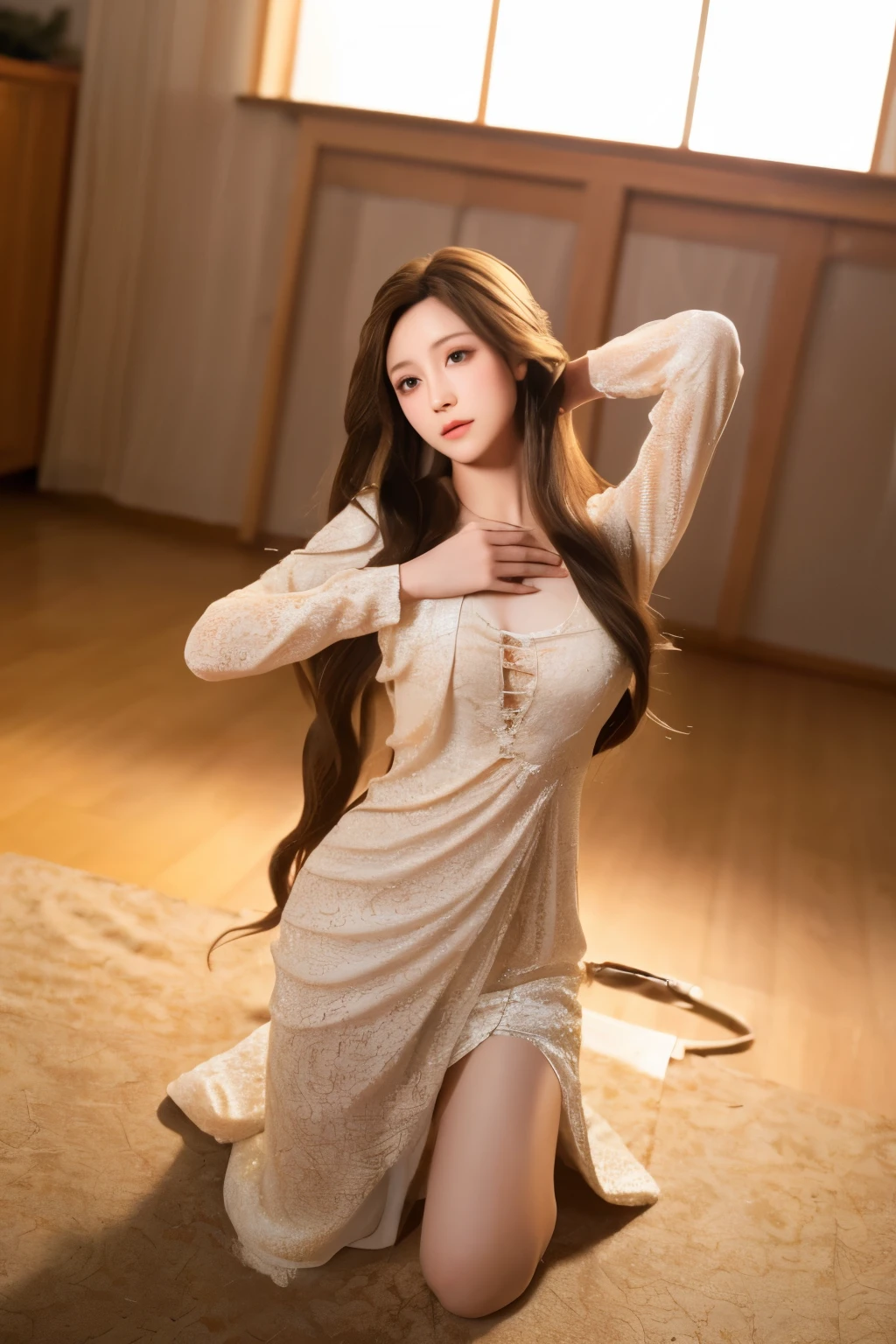 front view,kneeling,Best quality, (Photorealistic:1.2), Hyper-Resolution, Ultra-realistic 8K CG，1girl，long hair，delicate face,transparent clothes revealing her figure,concert,at dawn